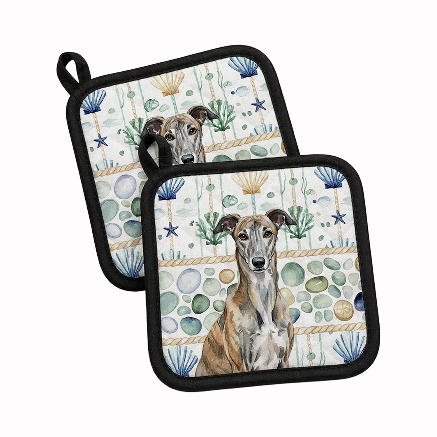 Brindle Greyhound Coastal Sea Glass Pot Holder Set of 2 Heat Resistant Quilted Hot Pads 7.5 x 7.5 Inch, Insulated Kitchen Trivets for Cooking & Baking