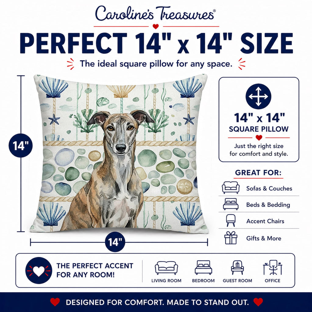 Brindle Greyhound Coastal Sea Glass Decorative Throw Pillow 14x14 Indoor Outdoor Accent Cushion, Fabric Cover with Insert for Sofa, Bed, Porch & Living Room