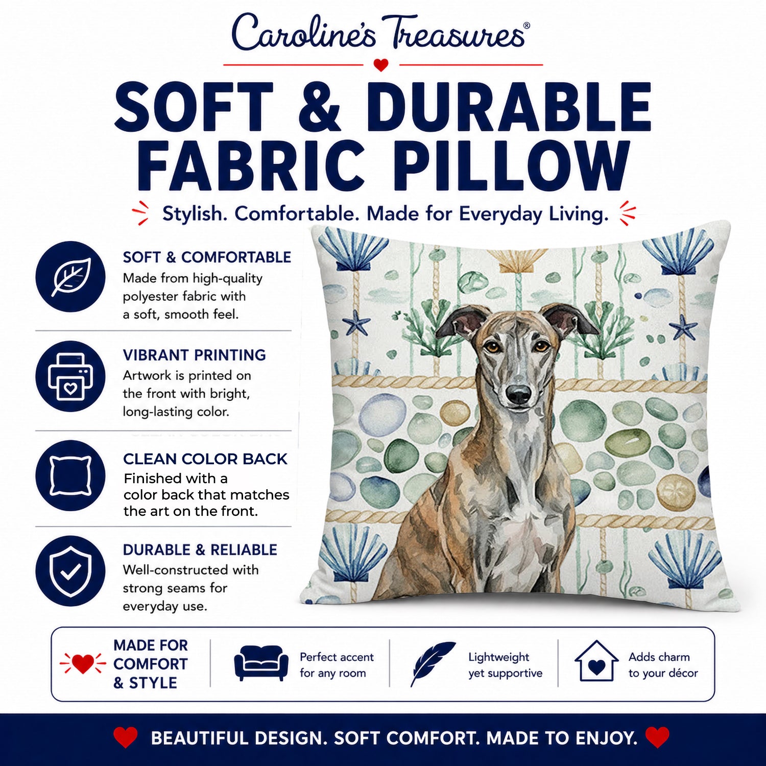 Brindle Greyhound Coastal Sea Glass Decorative Throw Pillow 18x18 Indoor Outdoor Accent Cushion, Fabric Cover with Insert for Sofa, Bed, Porch & Living Room