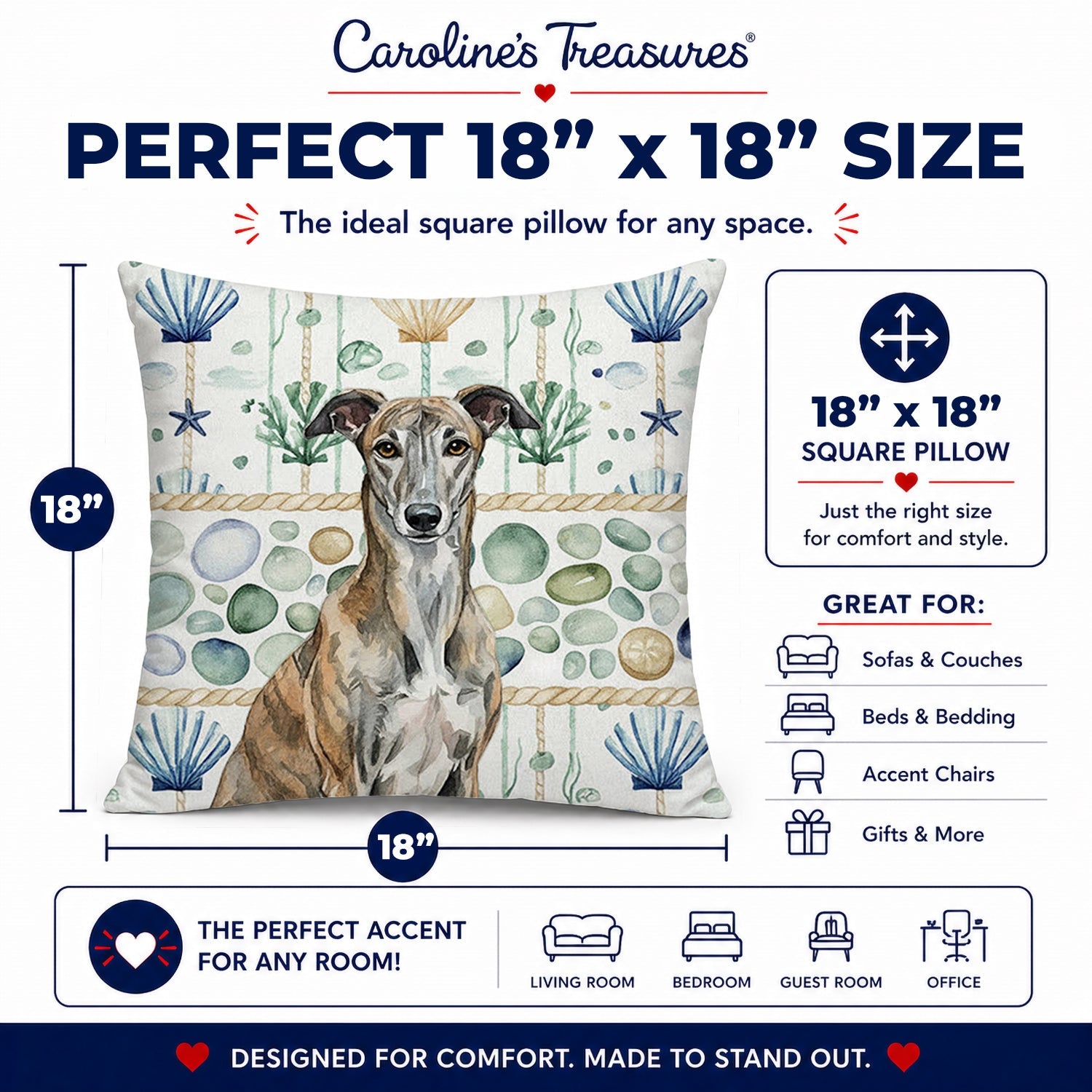 Brindle Greyhound Coastal Sea Glass Decorative Throw Pillow 18x18 Indoor Outdoor Accent Cushion, Fabric Cover with Insert for Sofa, Bed, Porch & Living Room