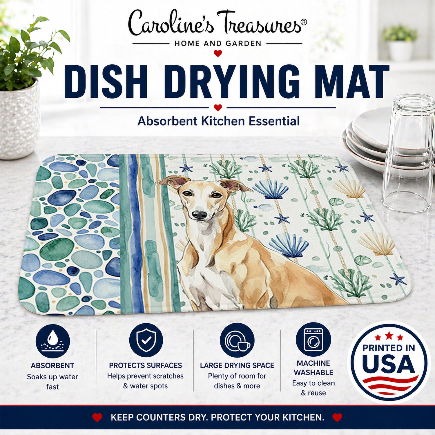 Fawn Greyhound Coastal Sea Glass Dish Drying Mat Absorbent Dish Drying Mat Pad for Kitchen Counter Dish Drainer Mat for Countertop, 14 x 21", Multicolor