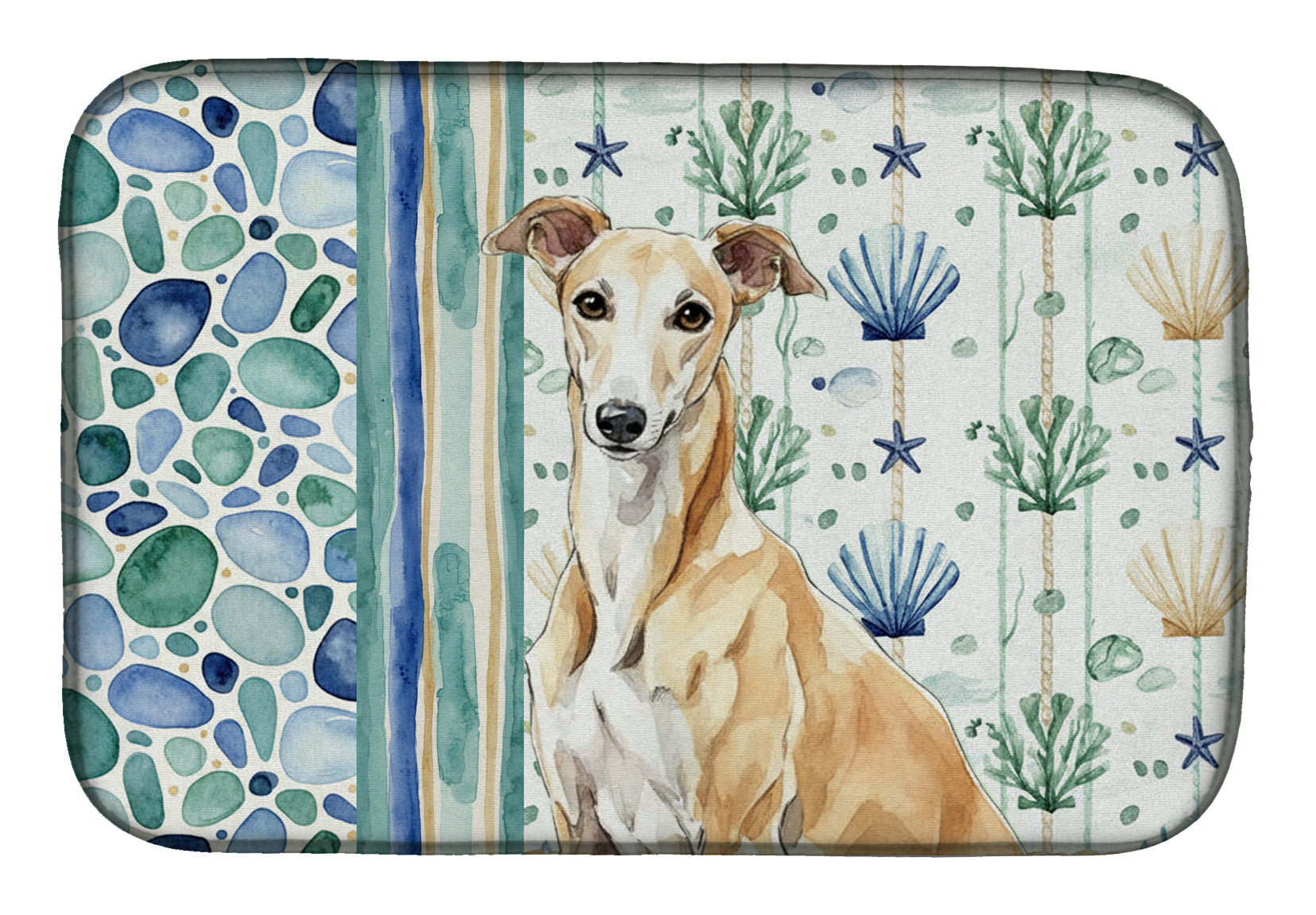 Fawn Greyhound Coastal Sea Glass Dish Drying Mat Absorbent Dish Drying Mat Pad for Kitchen Counter Dish Drainer Mat for Countertop, 14 x 21", Multicolor