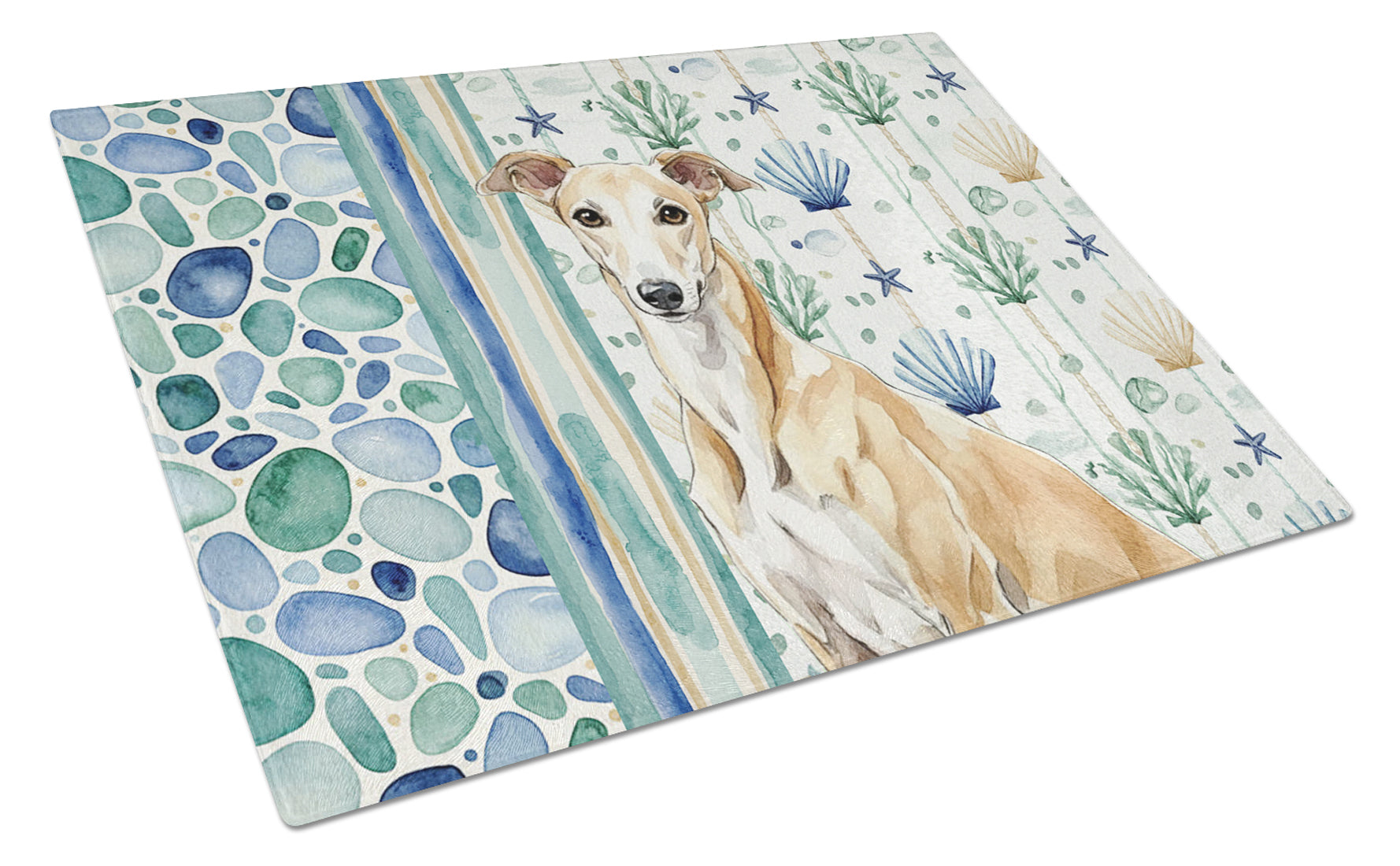 Fawn Greyhound Coastal Sea Glass Cutting Board Tempered Glass Kitchen Cutting Surface, Heat Resistant Chopping, Non-Slip Feet, Food Prep & Serving