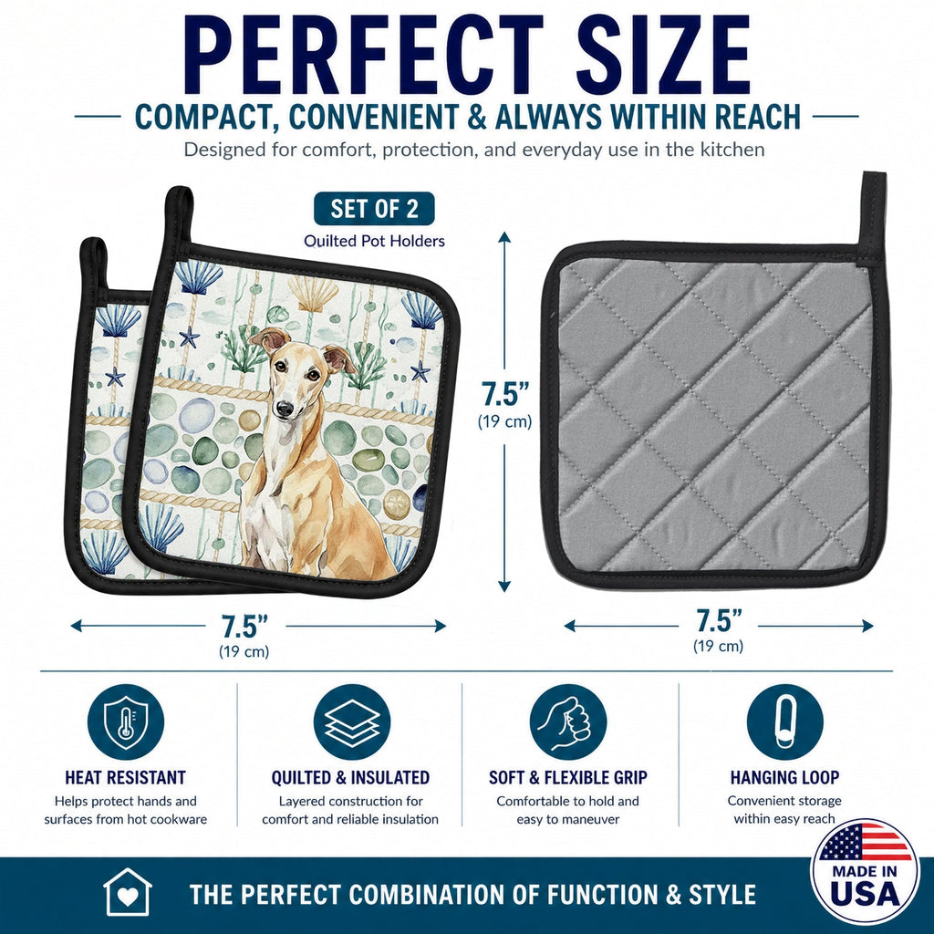 Fawn Greyhound Coastal Sea Glass Pot Holder Set of 2 Heat Resistant Quilted Hot Pads 7.5 x 7.5 Inch, Insulated Kitchen Trivets for Cooking & Baking