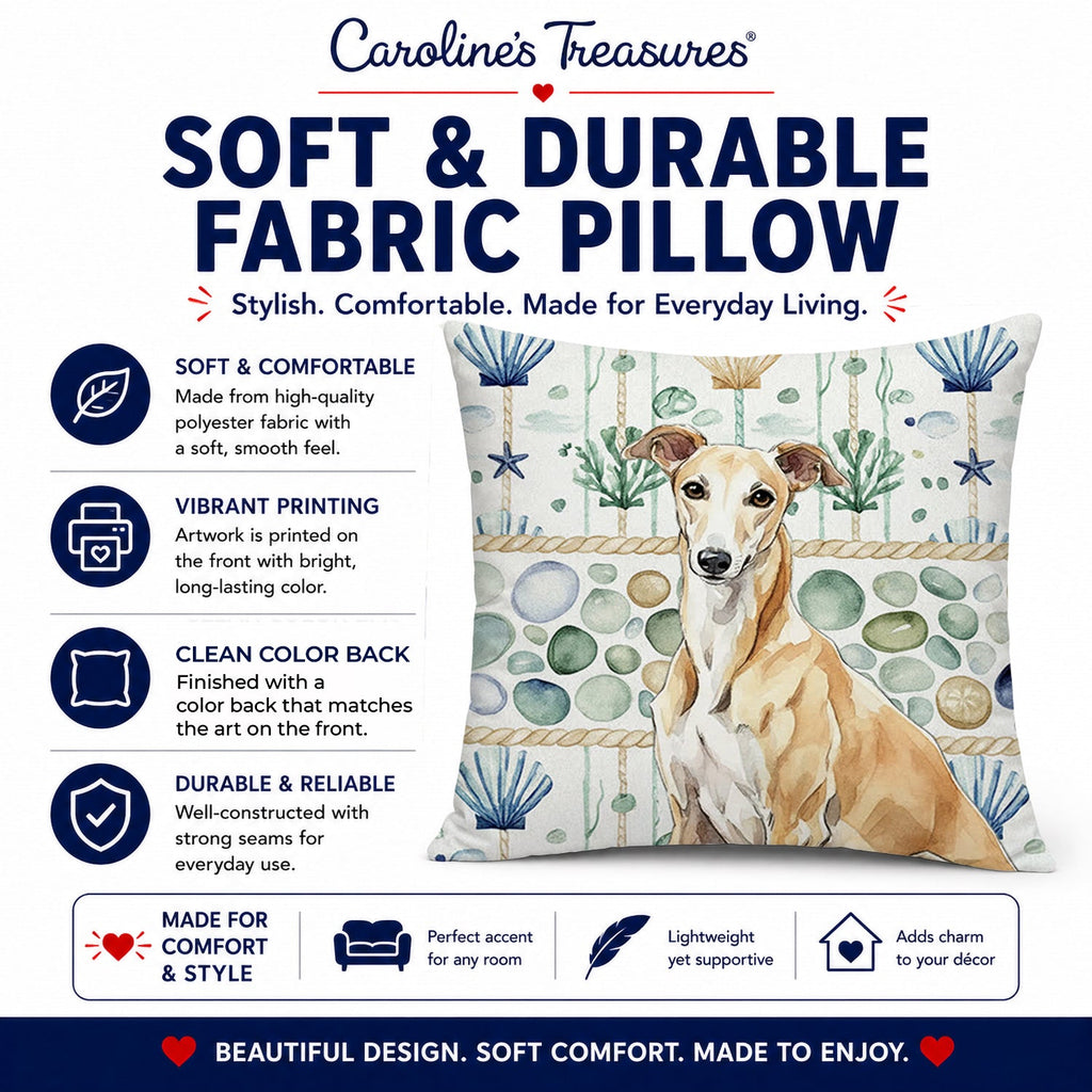 Fawn Greyhound Coastal Sea Glass Decorative Throw Pillow 18x18 Indoor Outdoor Accent Cushion, Fabric Cover with Insert for Sofa, Bed, Porch & Living Room