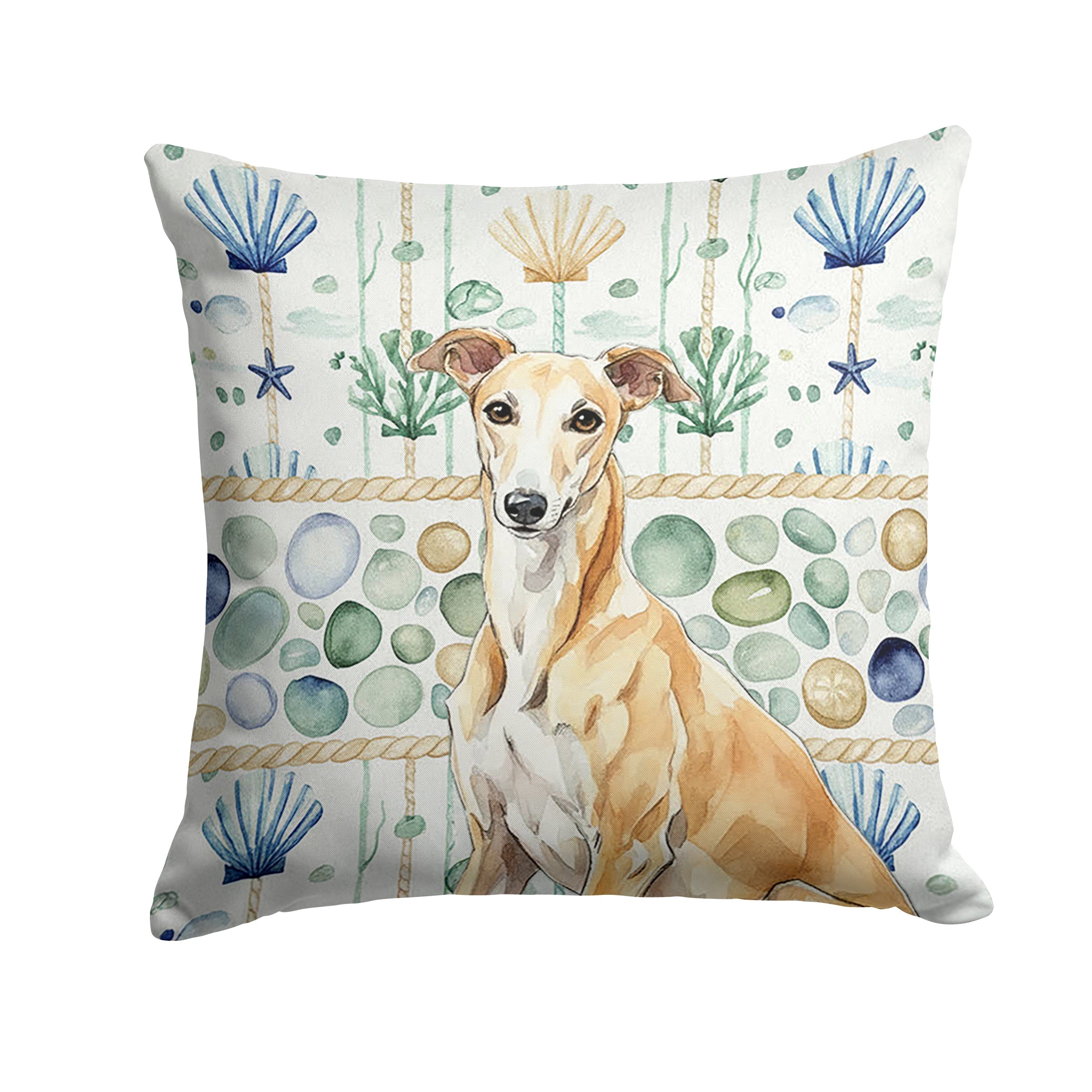 Fawn Greyhound Coastal Sea Glass Decorative Throw Pillow 18x18 Indoor Outdoor Accent Cushion, Fabric Cover with Insert for Sofa, Bed, Porch & Living Room