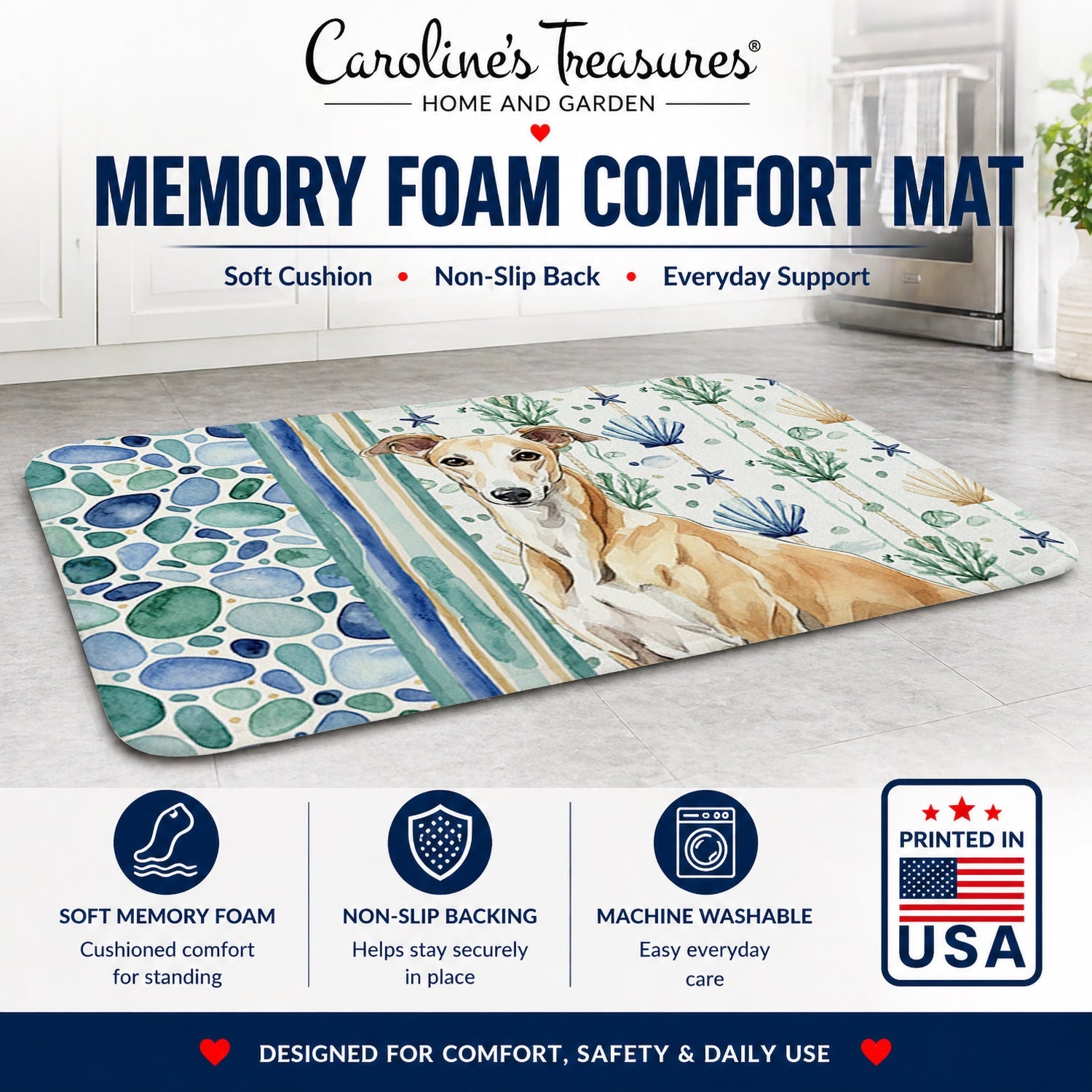 Fawn Greyhound Coastal Sea Glass Memory Foam Kitchen Mat Machine Washable Anti-Fatigue Cushion Comfort Bath or Kitchen Rug