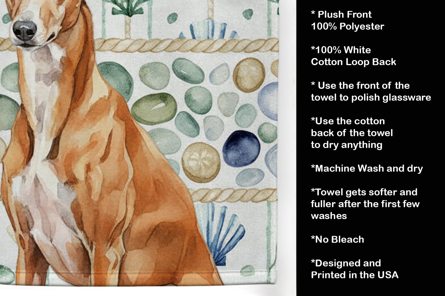 Red Greyhound Coastal Sea Glass Kitchen Towel Velour Plush Front and Cotton Loop Back Machine Washable