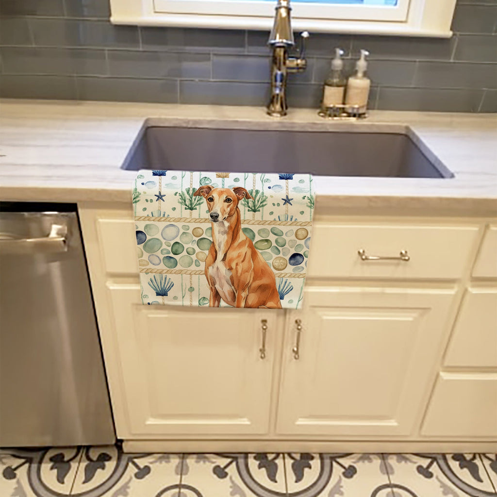 Red Greyhound Coastal Sea Glass Kitchen Towel Velour Plush Front and Cotton Loop Back Machine Washable
