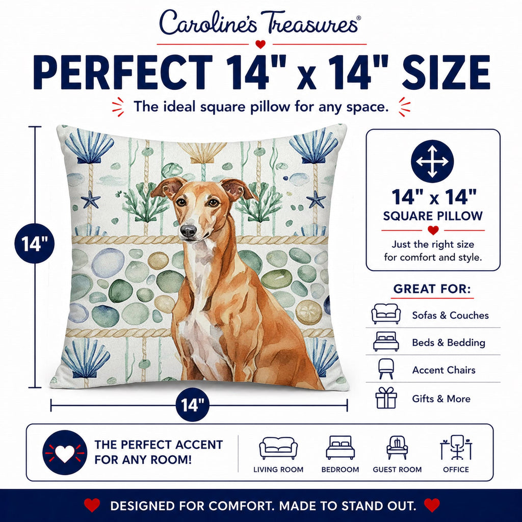 Red Greyhound Coastal Sea Glass Decorative Throw Pillow 14x14 Indoor Outdoor Accent Cushion, Fabric Cover with Insert for Sofa, Bed, Porch & Living Room