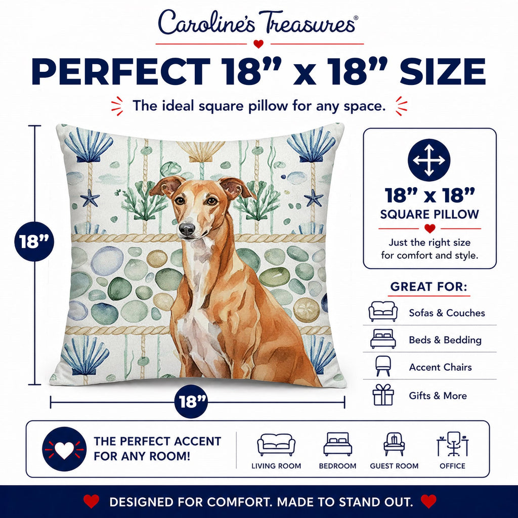 Red Greyhound Coastal Sea Glass Decorative Throw Pillow 18x18 Indoor Outdoor Accent Cushion, Fabric Cover with Insert for Sofa, Bed, Porch & Living Room