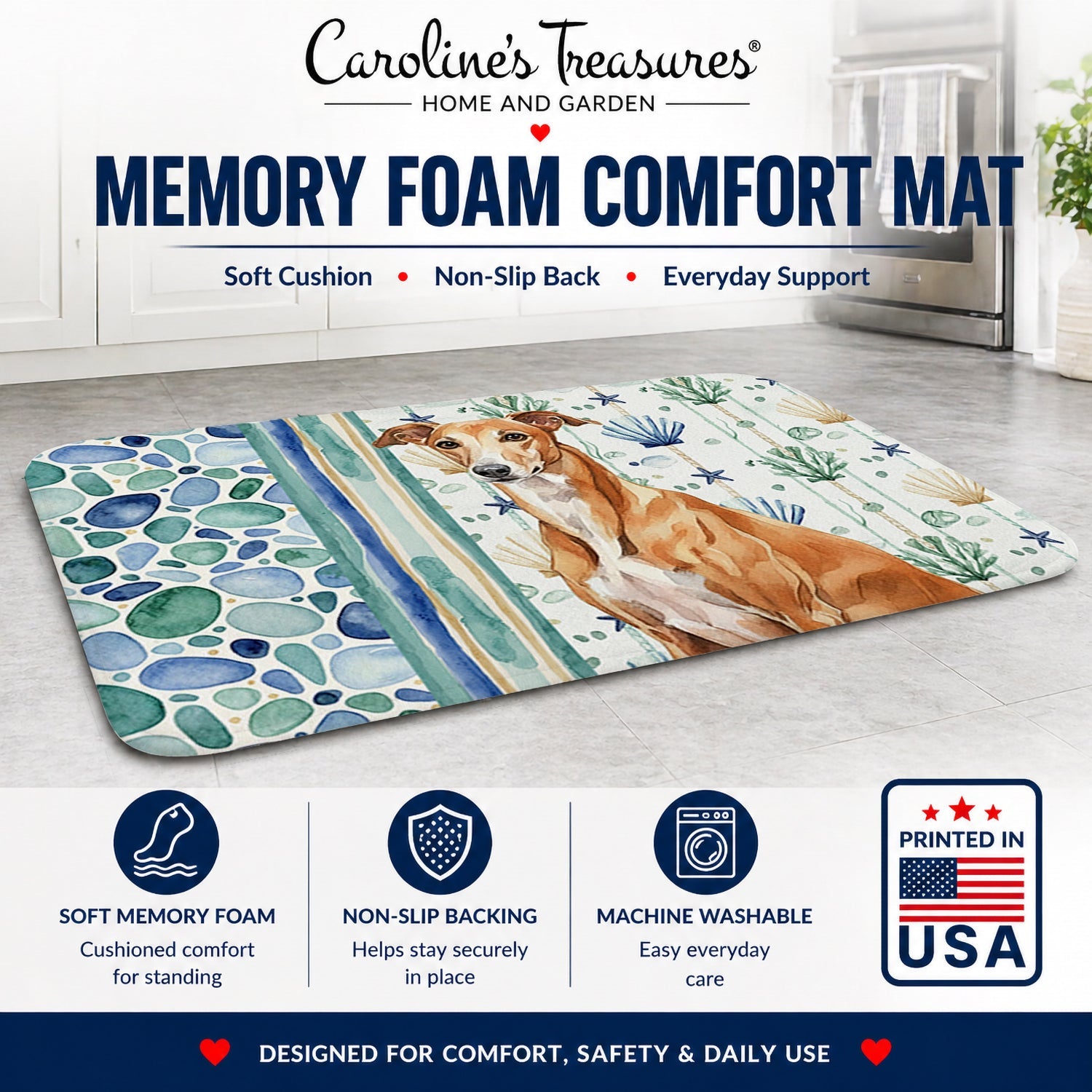 Red Greyhound Coastal Sea Glass Memory Foam Kitchen Mat Machine Washable Anti-Fatigue Cushion Comfort Bath or Kitchen Rug