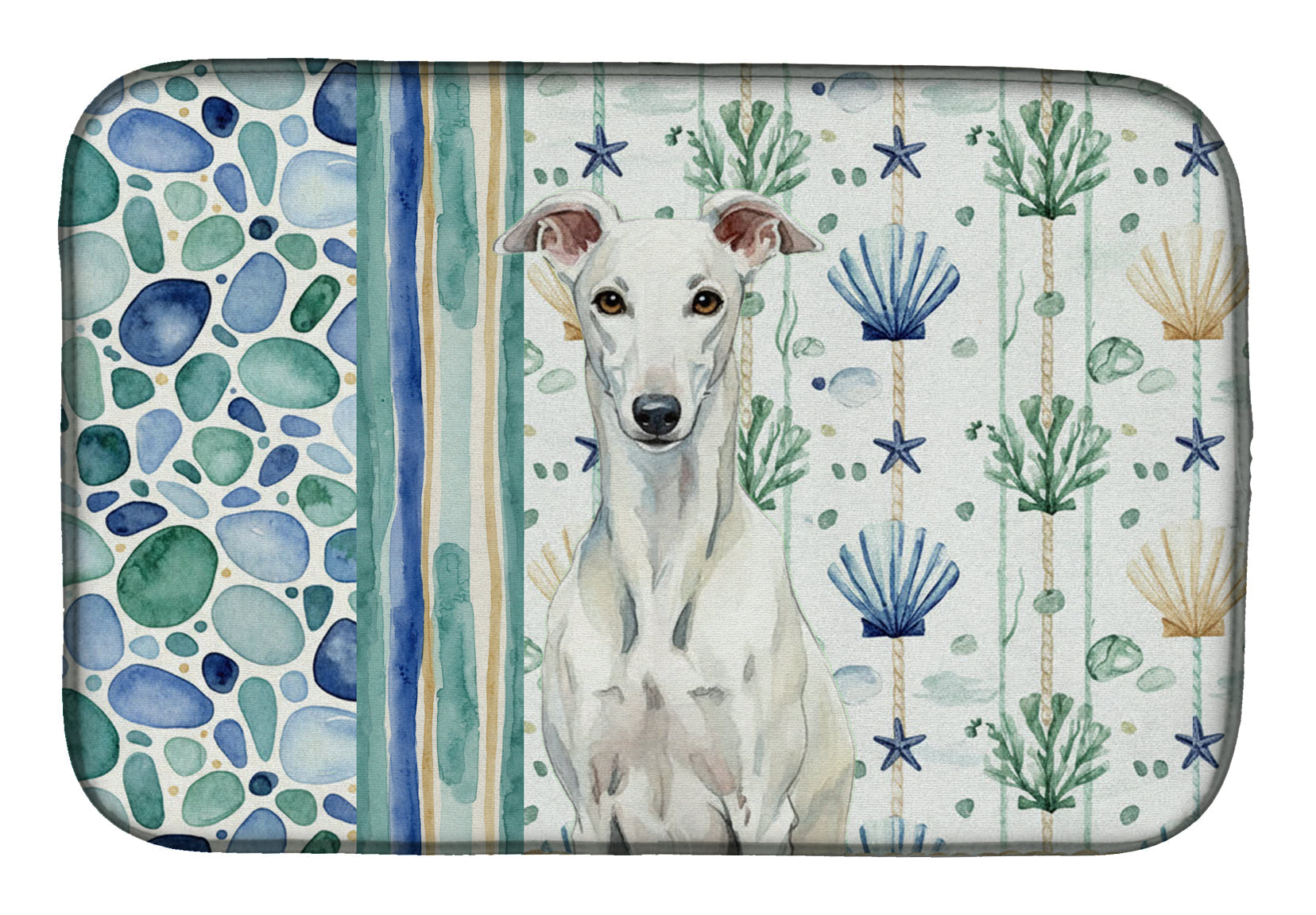 White Greyhound Coastal Sea Glass Dish Drying Mat Absorbent Dish Drying Mat Pad for Kitchen Counter Dish Drainer Mat for Countertop, 14 x 21", Multicolor