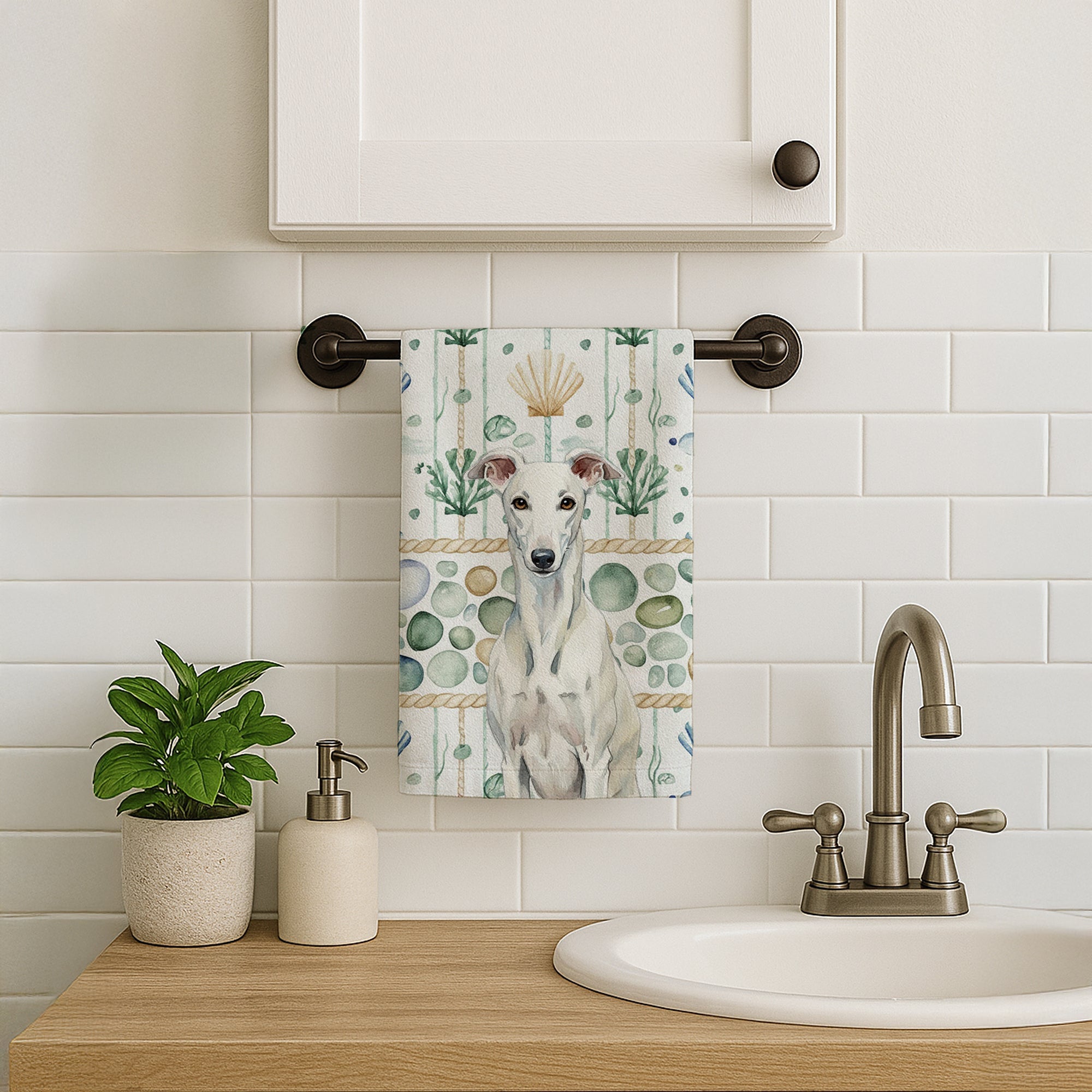 White Greyhound Coastal Sea Glass Kitchen Towel Velour Plush Front and Cotton Loop Back Machine Washable