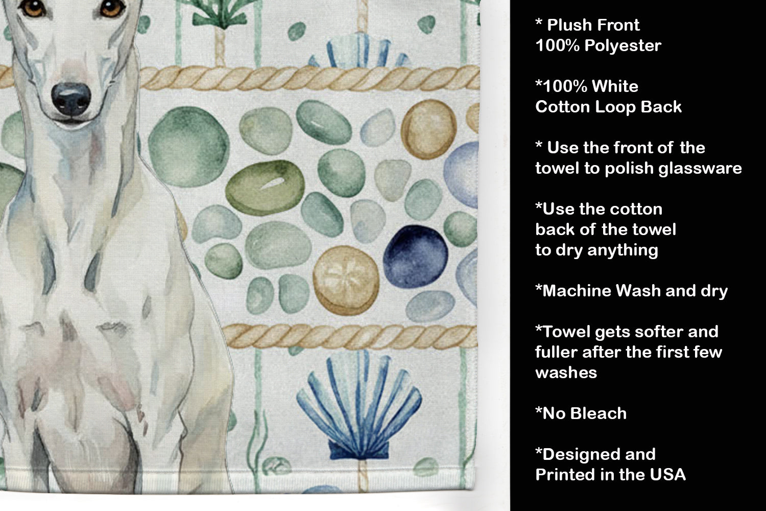 White Greyhound Coastal Sea Glass Kitchen Towel Velour Plush Front and Cotton Loop Back Machine Washable