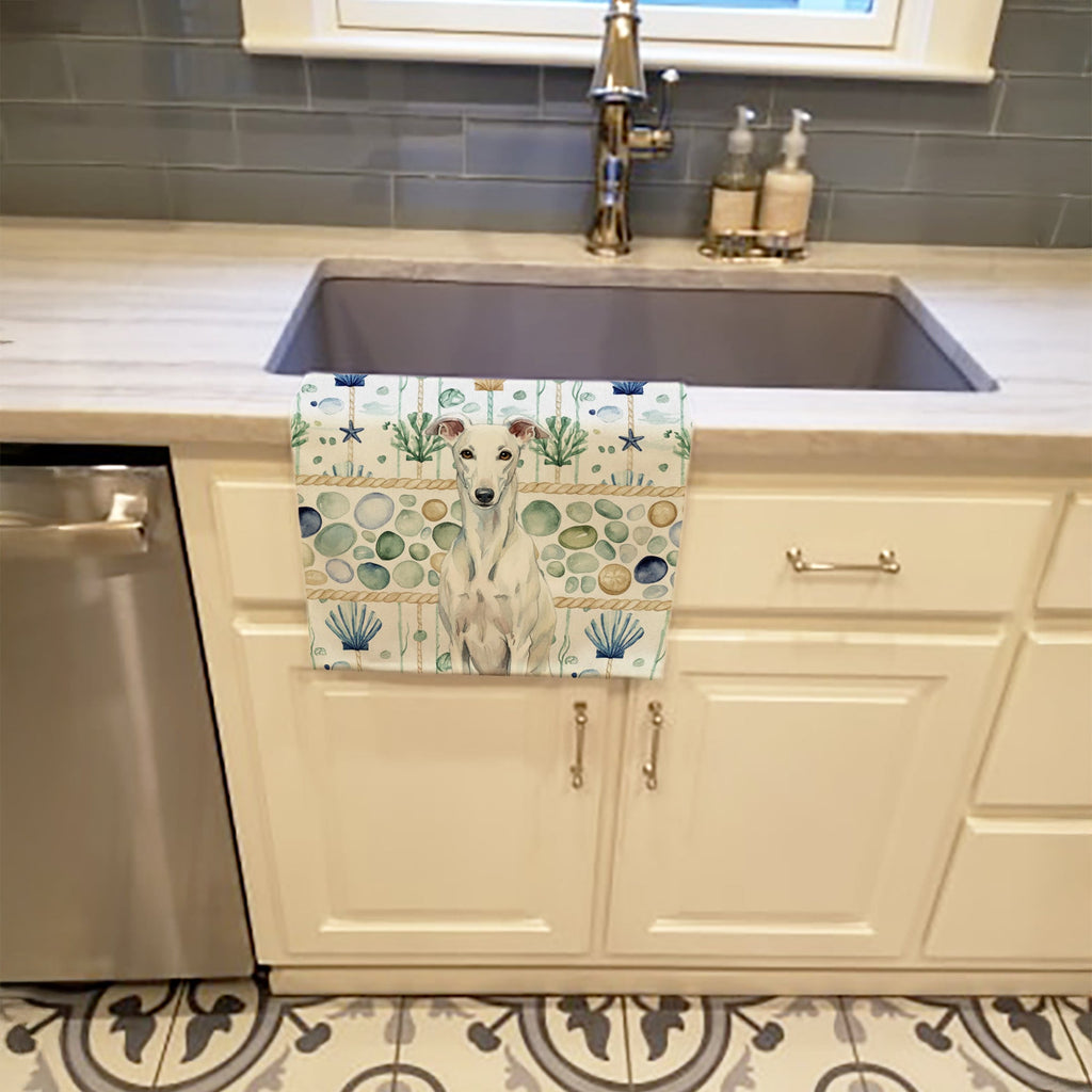 White Greyhound Coastal Sea Glass Kitchen Towel Velour Plush Front and Cotton Loop Back Machine Washable