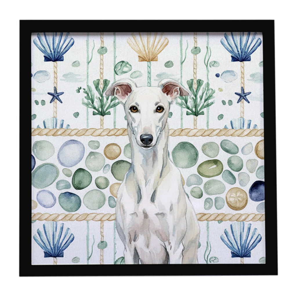 White Greyhound Coastal Sea Glass Framed Metal Print Bathroom, Kitchen, Office, Home Decor Wall Art Ready to Hang, Square, 8X8