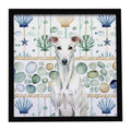 White Greyhound Coastal Sea Glass Framed Metal Print Bathroom, Kitchen, Office, Home Decor Wall Art Ready to Hang, Square, 8X8