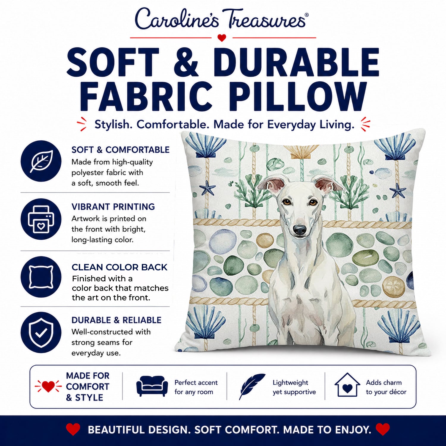 White Greyhound Coastal Sea Glass Decorative Throw Pillow 14x14 Indoor Outdoor Accent Cushion, Fabric Cover with Insert for Sofa, Bed, Porch & Living Room