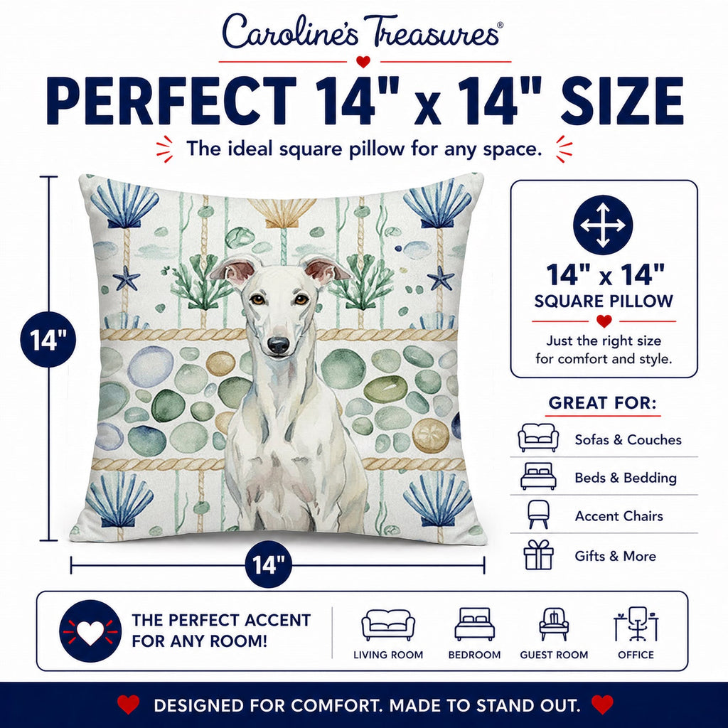 White Greyhound Coastal Sea Glass Decorative Throw Pillow 14x14 Indoor Outdoor Accent Cushion, Fabric Cover with Insert for Sofa, Bed, Porch & Living Room