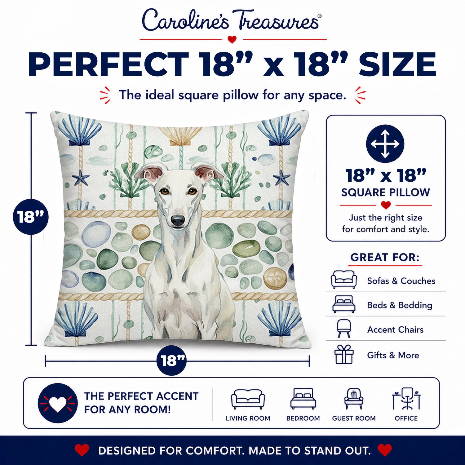 White Greyhound Coastal Sea Glass Decorative Throw Pillow 18x18 Indoor Outdoor Accent Cushion, Fabric Cover with Insert for Sofa, Bed, Porch & Living Room