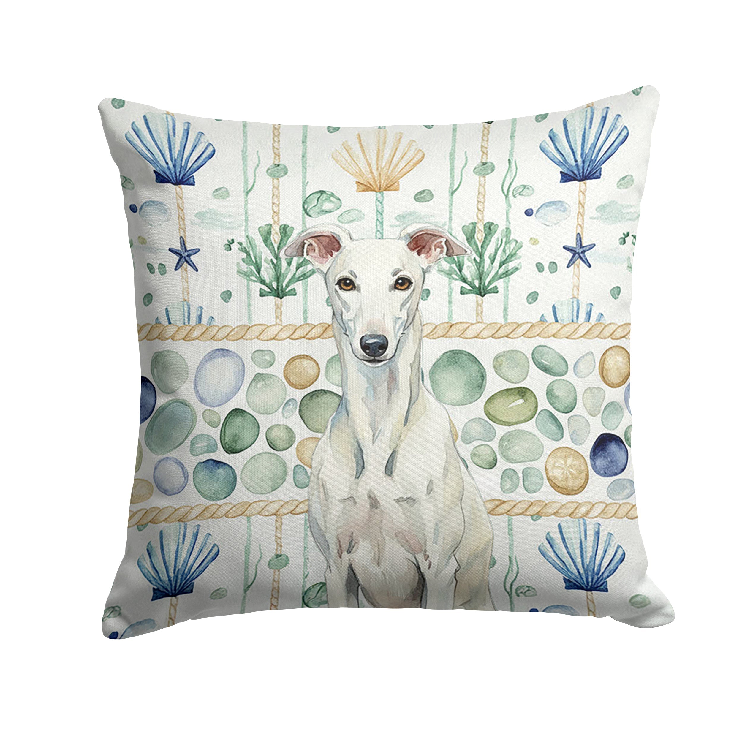 White Greyhound Coastal Sea Glass Decorative Throw Pillow 18x18 Indoor Outdoor Accent Cushion, Fabric Cover with Insert for Sofa, Bed, Porch & Living Room