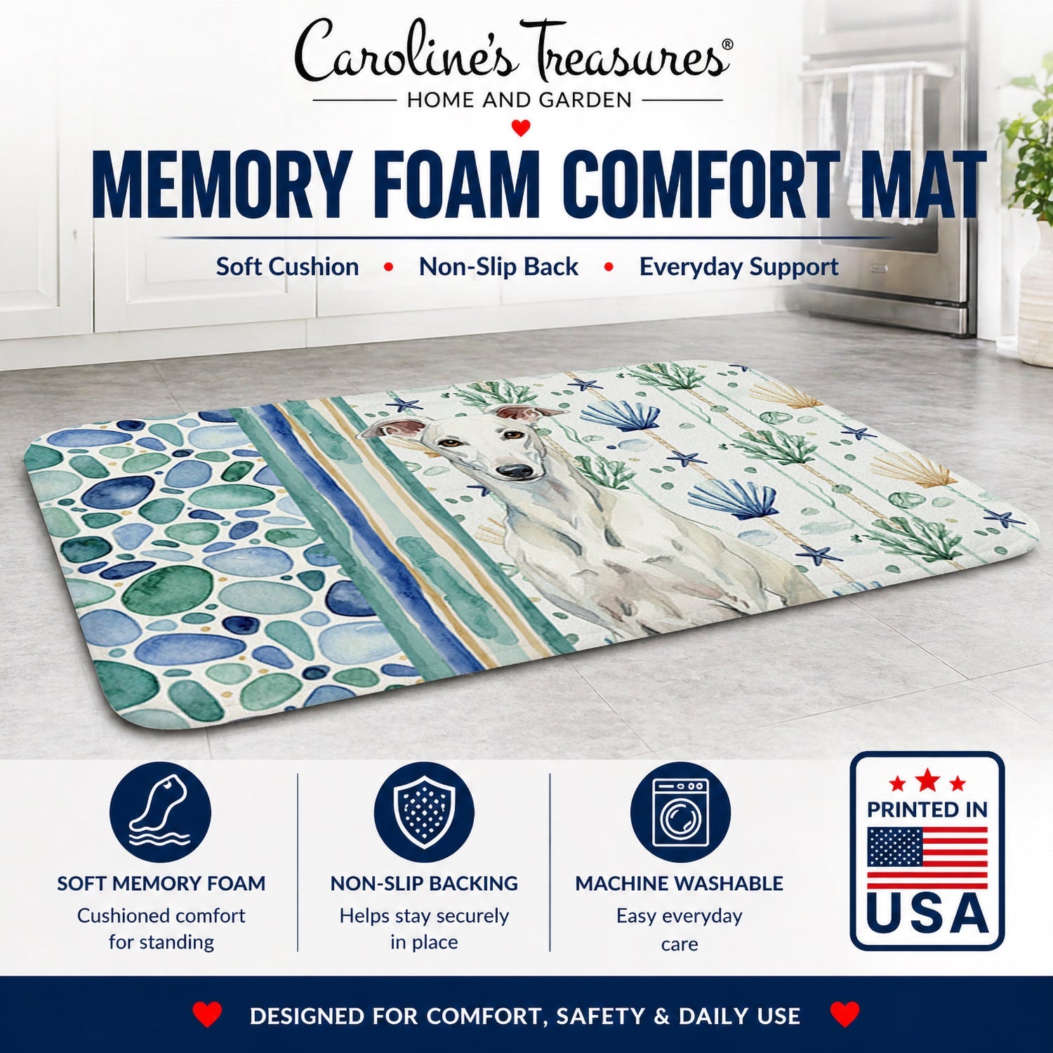 White Greyhound Coastal Sea Glass Memory Foam Kitchen Mat Machine Washable Anti-Fatigue Cushion Comfort Bath or Kitchen Rug
