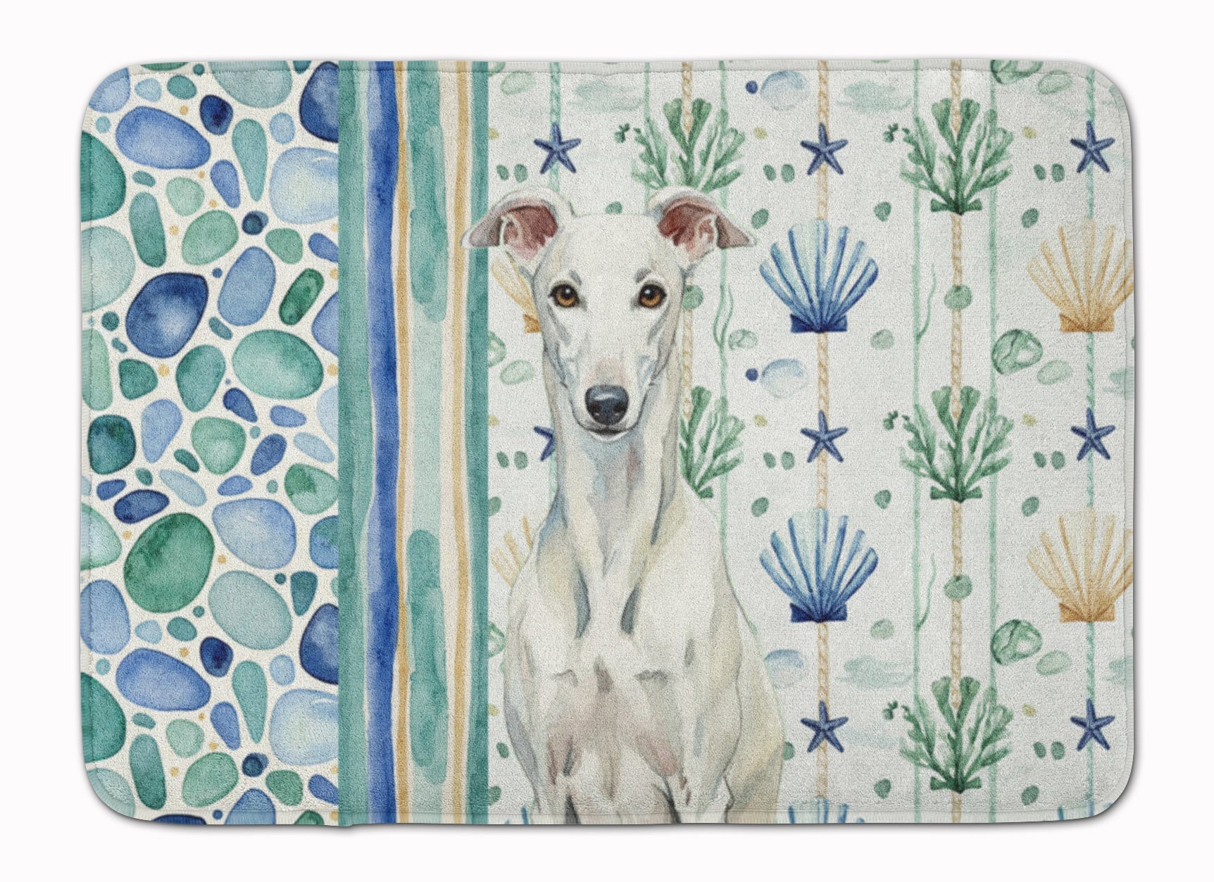 White Greyhound Coastal Sea Glass Memory Foam Kitchen Mat Machine Washable Anti-Fatigue Cushion Comfort Bath or Kitchen Rug