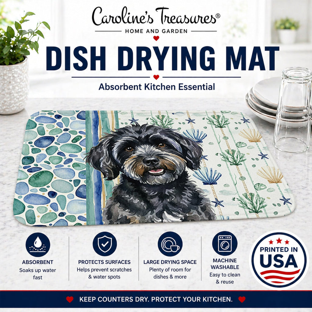 Black Havanese Coastal Sea Glass Dish Drying Mat Absorbent Dish Drying Mat Pad for Kitchen Counter Dish Drainer Mat for Countertop, 14 x 21", Multicolor