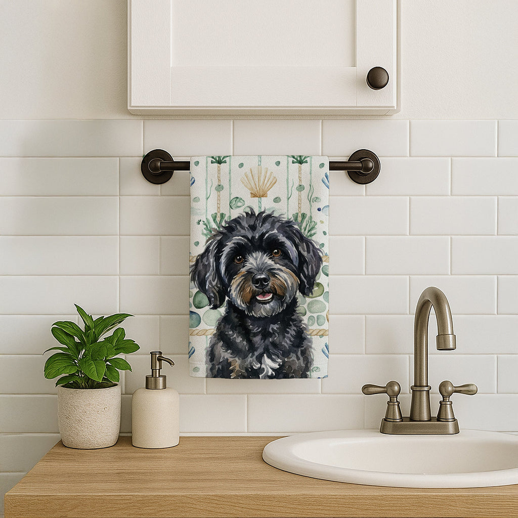 Black Havanese Coastal Sea Glass Kitchen Towel Velour Plush Front and Cotton Loop Back Machine Washable