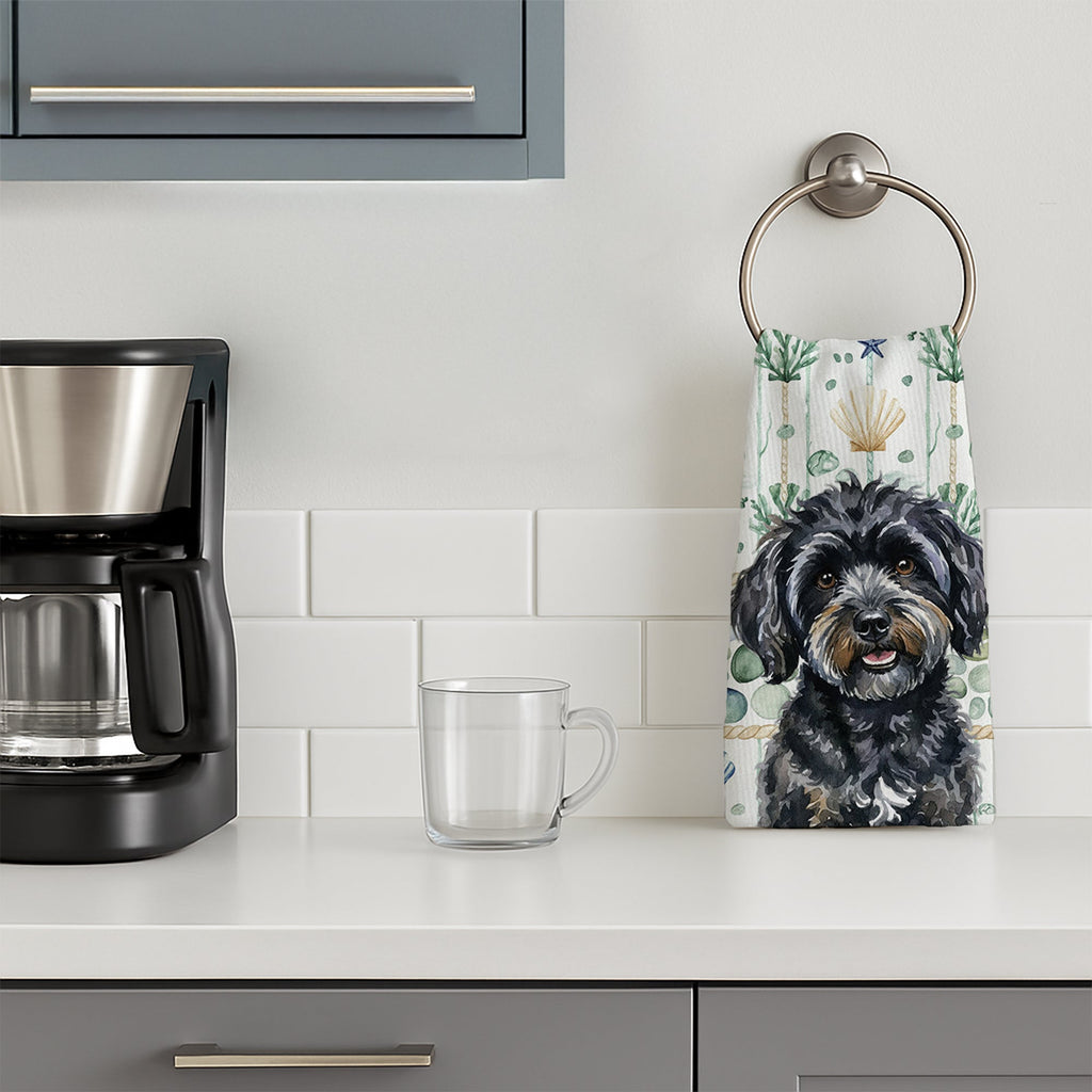Black Havanese Coastal Sea Glass Kitchen Towel Velour Plush Front and Cotton Loop Back Machine Washable