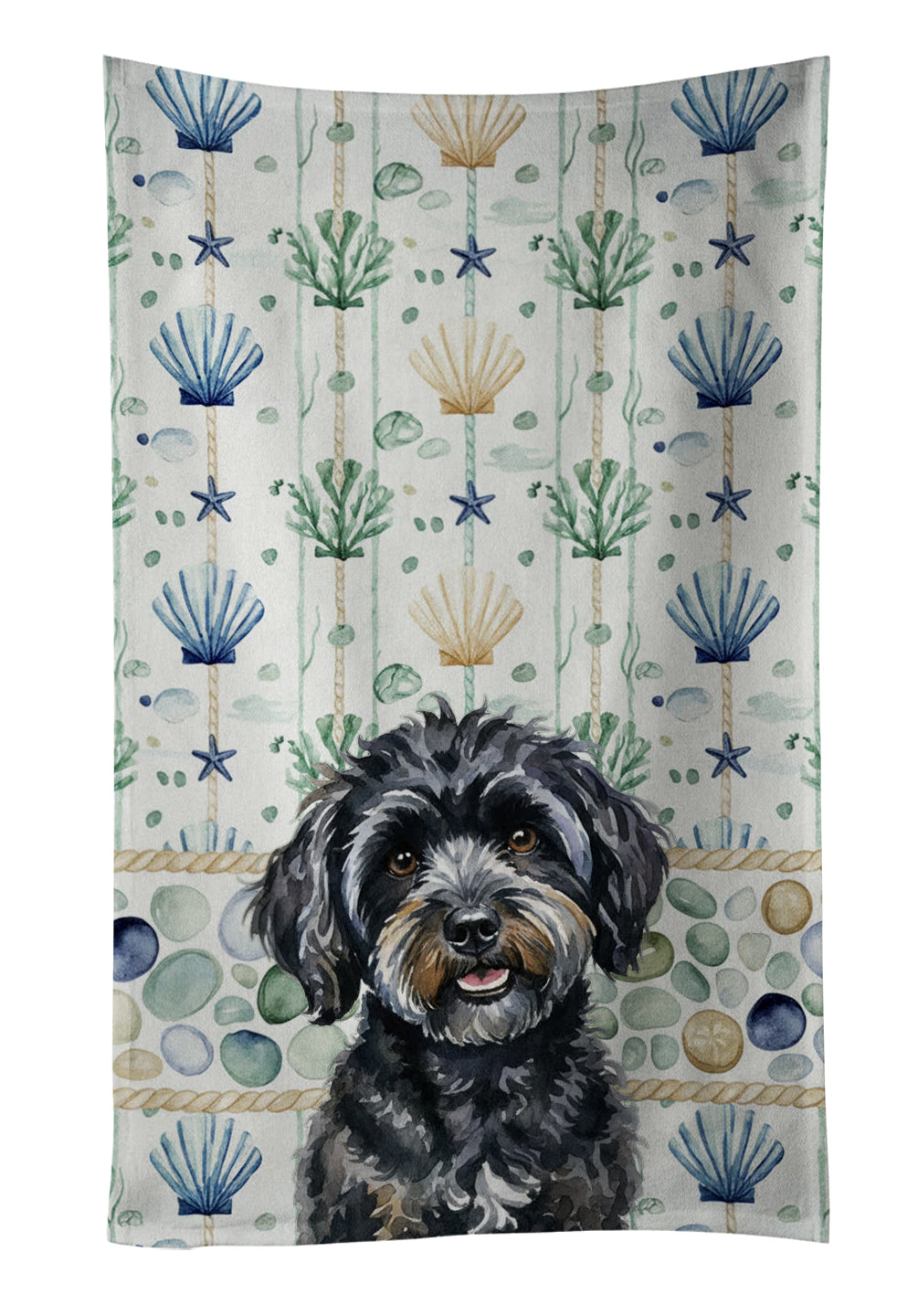 Black Havanese Coastal Sea Glass Kitchen Towel Velour Plush Front and Cotton Loop Back Machine Washable