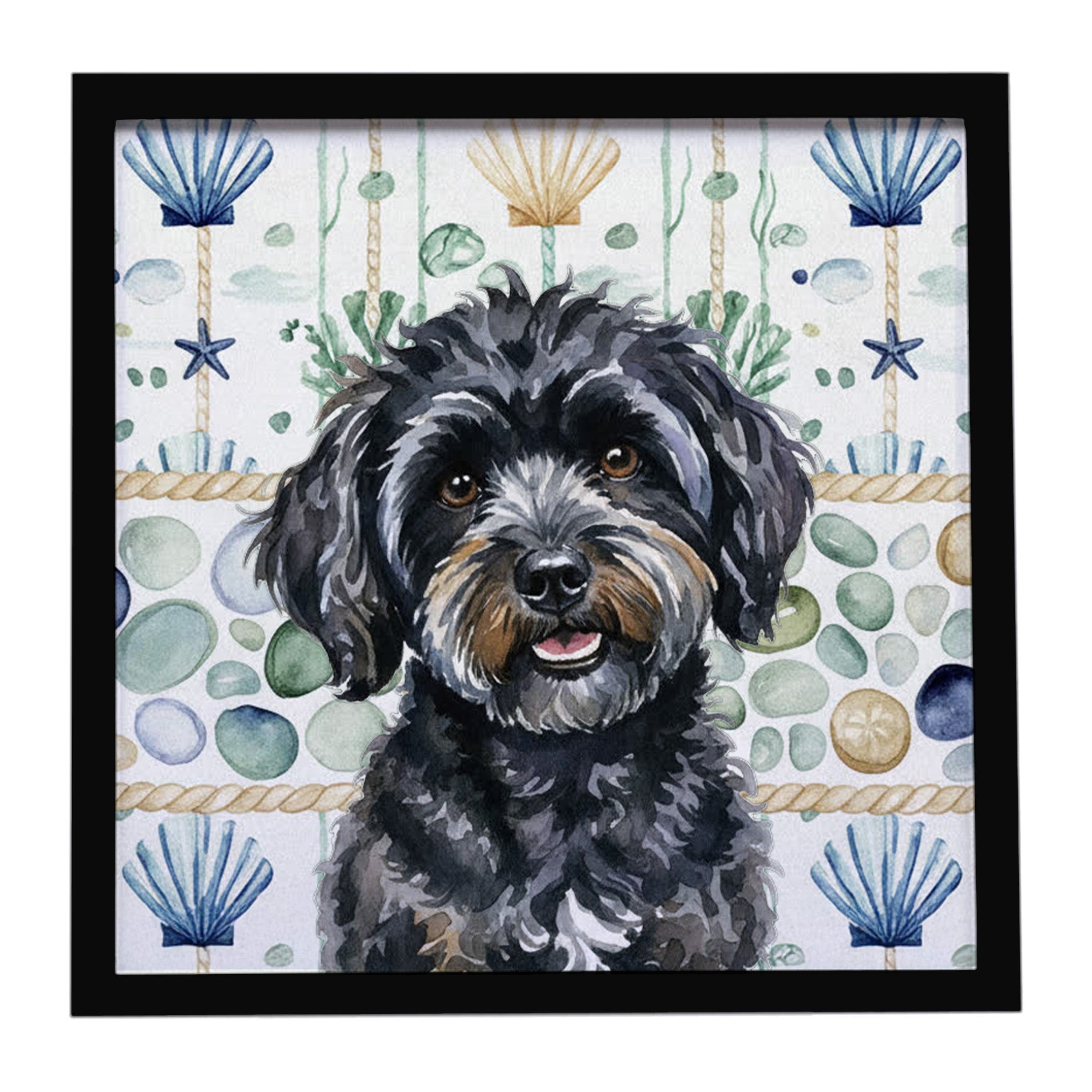Black Havanese Coastal Sea Glass Framed Metal Print Bathroom, Kitchen, Office, Home Decor Wall Art Ready to Hang, Square, 8X8
