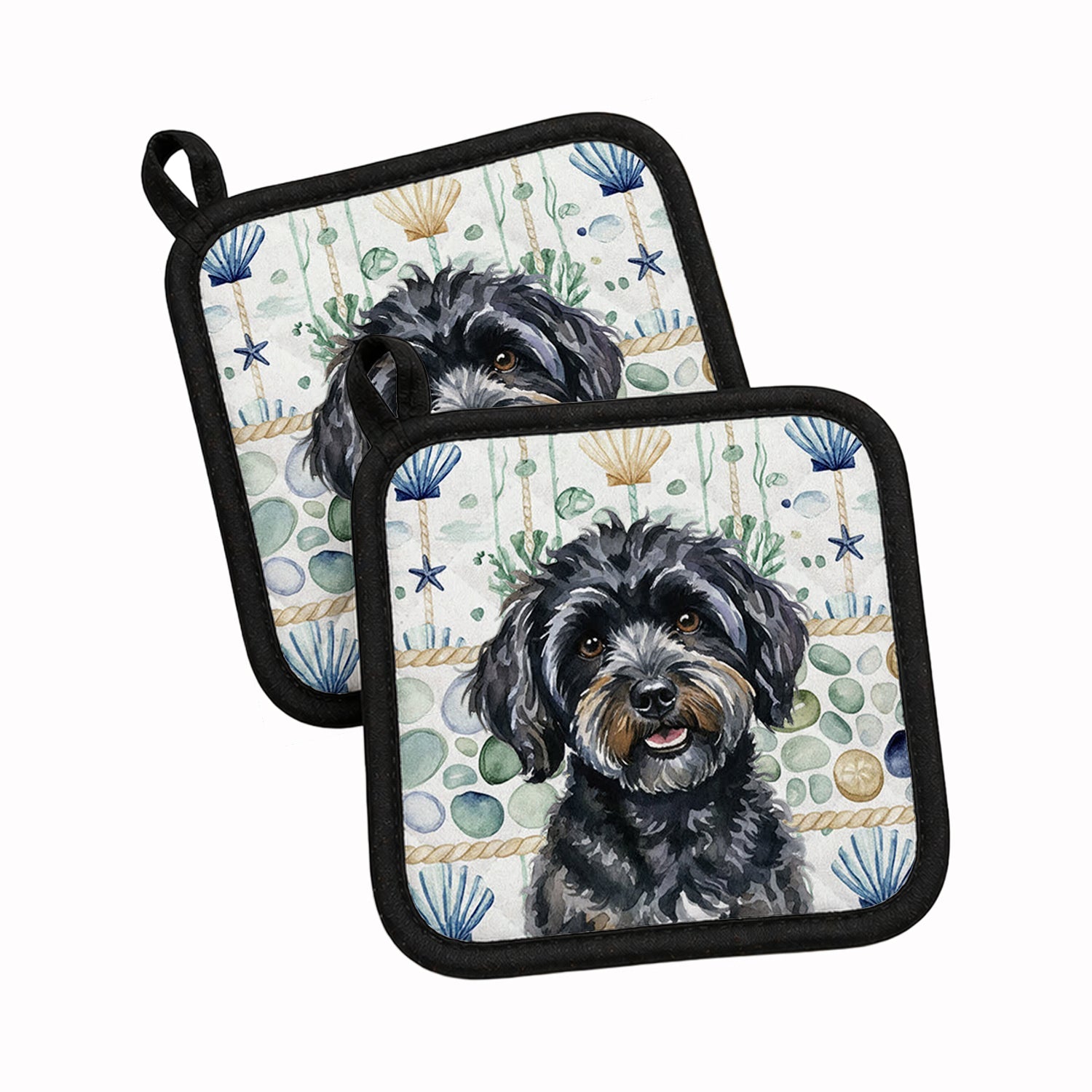 Black Havanese Coastal Sea Glass Pot Holder Set of 2 Heat Resistant Quilted Hot Pads 7.5 x 7.5 Inch, Insulated Kitchen Trivets for Cooking & Baking