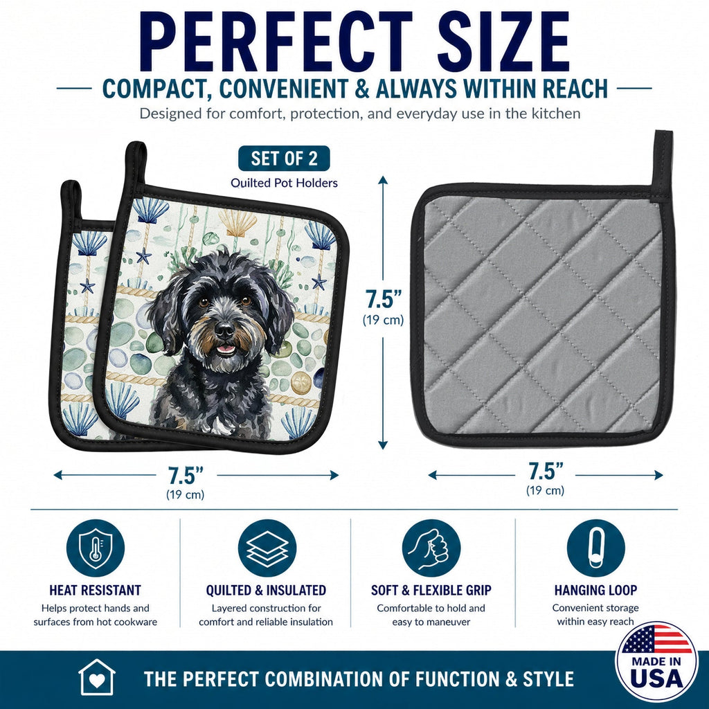 Black Havanese Coastal Sea Glass Pot Holder Set of 2 Heat Resistant Quilted Hot Pads 7.5 x 7.5 Inch, Insulated Kitchen Trivets for Cooking & Baking