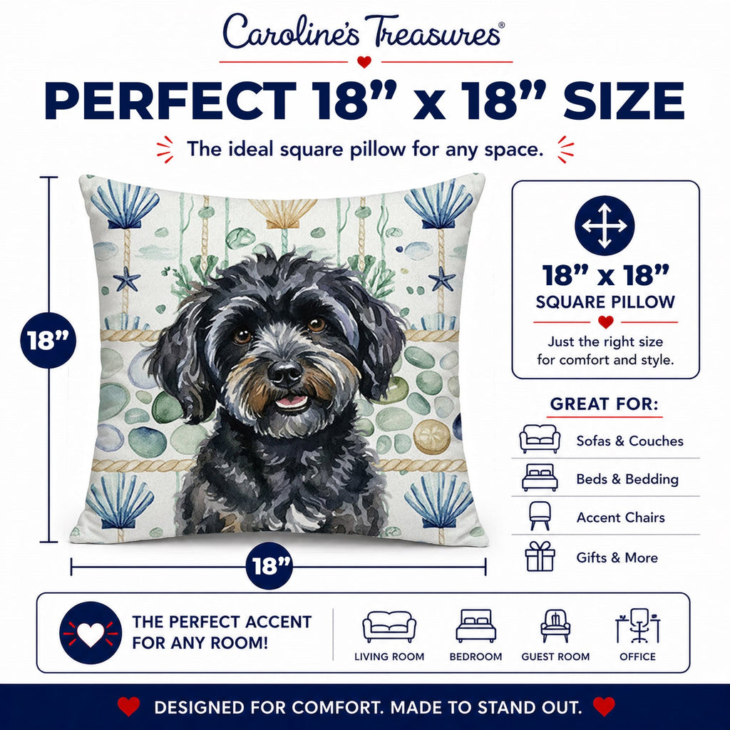 Black Havanese Coastal Sea Glass Decorative Throw Pillow 18x18 Indoor Outdoor Accent Cushion, Fabric Cover with Insert for Sofa, Bed, Porch & Living Room