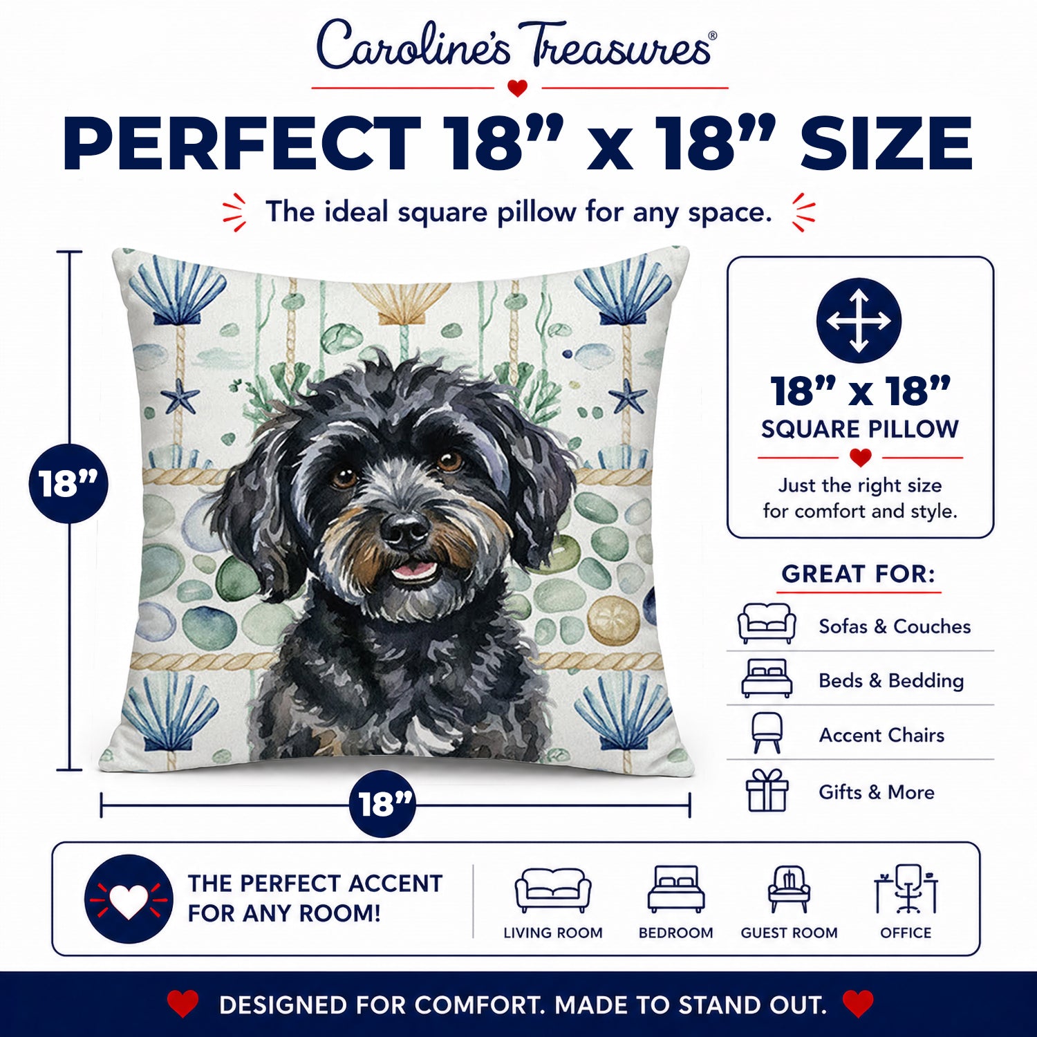 Black Havanese Coastal Sea Glass Decorative Throw Pillow 18x18 Indoor Outdoor Accent Cushion, Fabric Cover with Insert for Sofa, Bed, Porch & Living Room