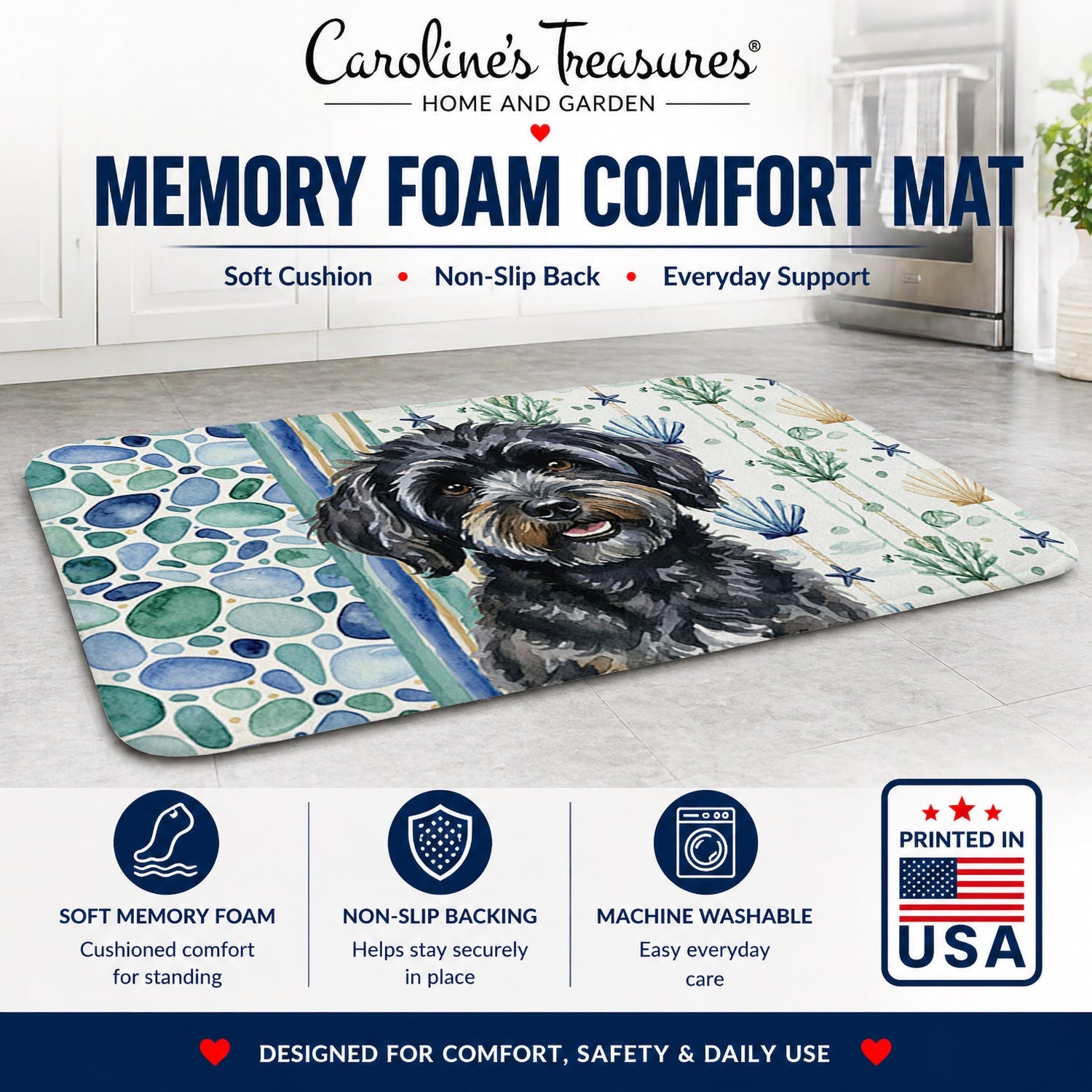 Black Havanese Coastal Sea Glass Memory Foam Kitchen Mat Machine Washable Anti-Fatigue Cushion Comfort Bath or Kitchen Rug