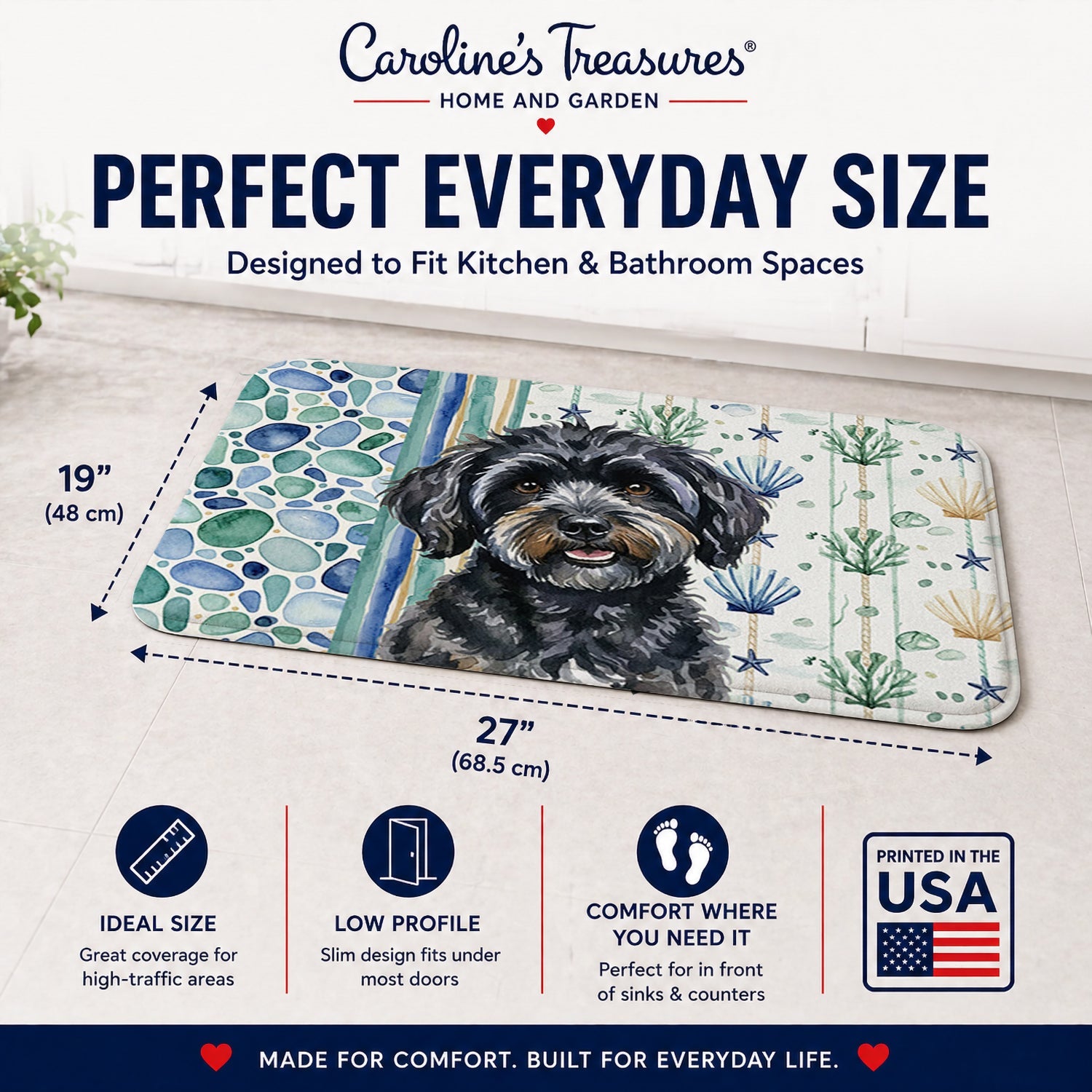 Black Havanese Coastal Sea Glass Memory Foam Kitchen Mat Machine Washable Anti-Fatigue Cushion Comfort Bath or Kitchen Rug