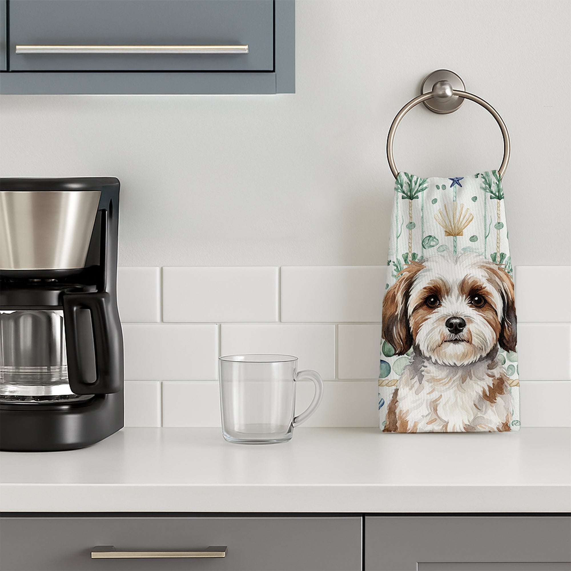 Parti-color Havanese Coastal Sea Glass Kitchen Towel Velour Plush Front and Cotton Loop Back Machine Washable