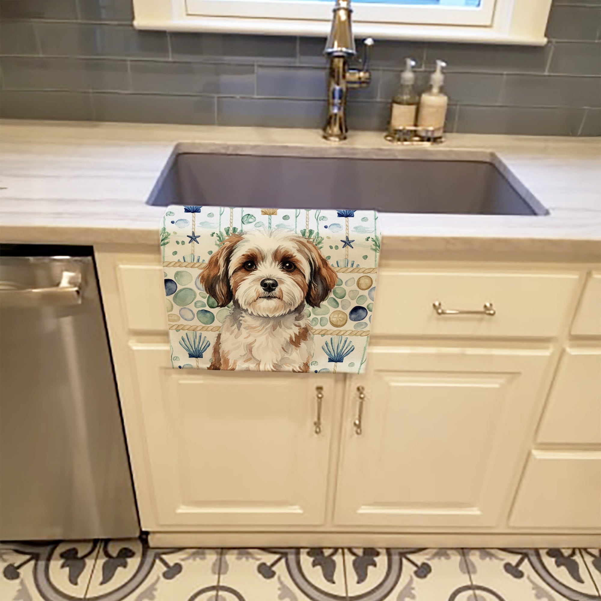 Parti-color Havanese Coastal Sea Glass Kitchen Towel Velour Plush Front and Cotton Loop Back Machine Washable