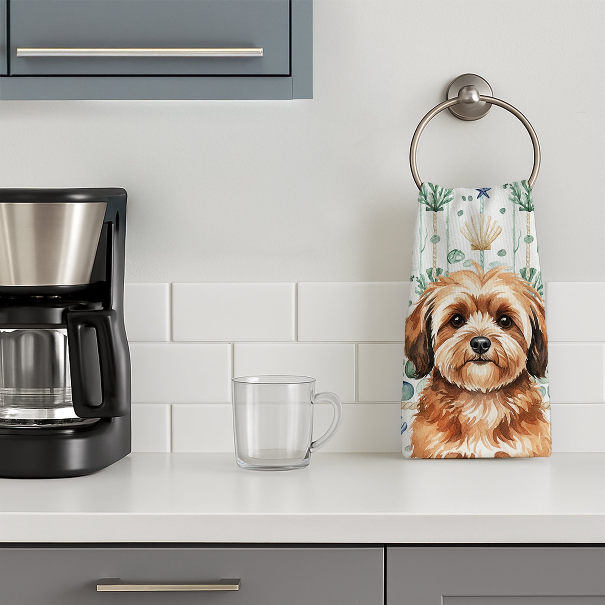 Sable Havanese Coastal Sea Glass Kitchen Towel Velour Plush Front and Cotton Loop Back Machine Washable
