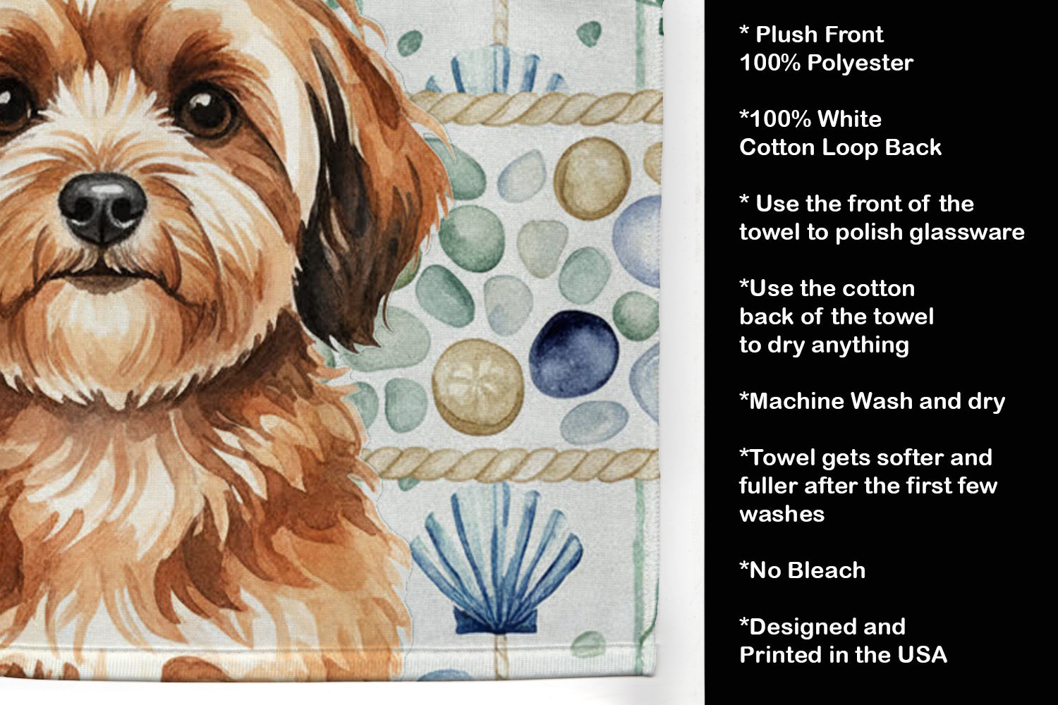 Sable Havanese Coastal Sea Glass Kitchen Towel Velour Plush Front and Cotton Loop Back Machine Washable