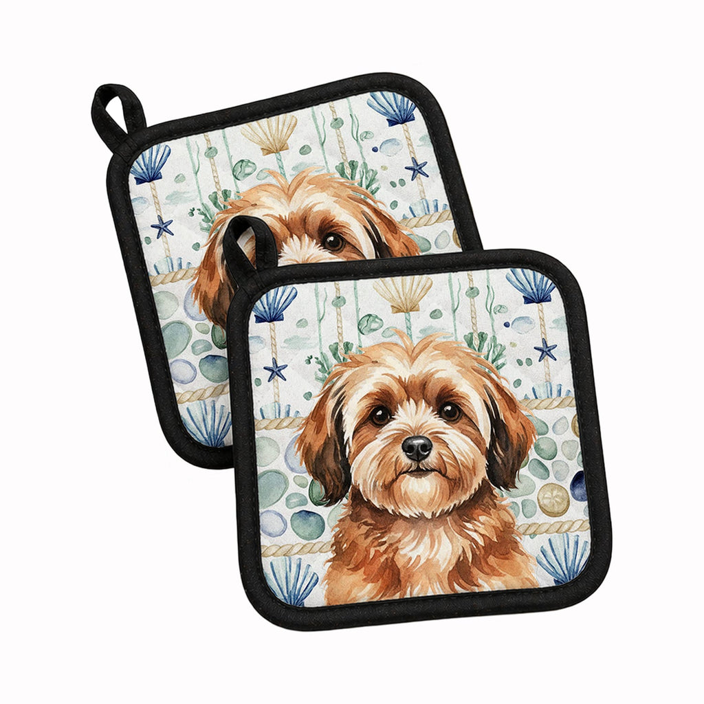 Sable Havanese Coastal Sea Glass Pot Holder Set of 2 Heat Resistant Quilted Hot Pads 7.5 x 7.5 Inch, Insulated Kitchen Trivets for Cooking & Baking