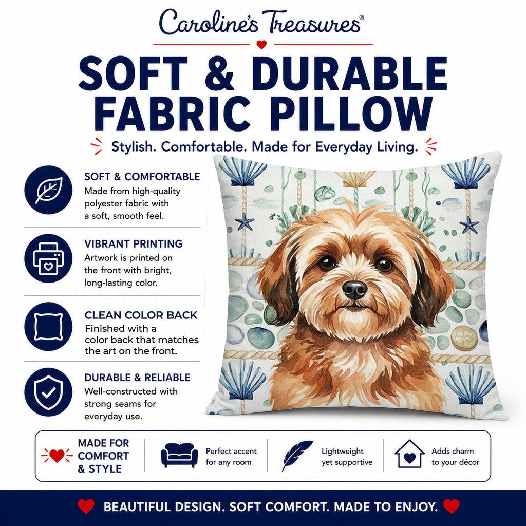 Sable Havanese Coastal Sea Glass Decorative Throw Pillow 14x14 Indoor Outdoor Accent Cushion, Fabric Cover with Insert for Sofa, Bed, Porch & Living Room