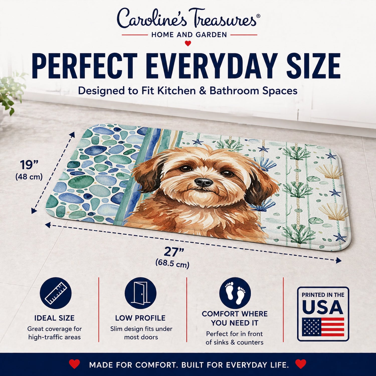 Sable Havanese Coastal Sea Glass Memory Foam Kitchen Mat Machine Washable Anti-Fatigue Cushion Comfort Bath or Kitchen Rug