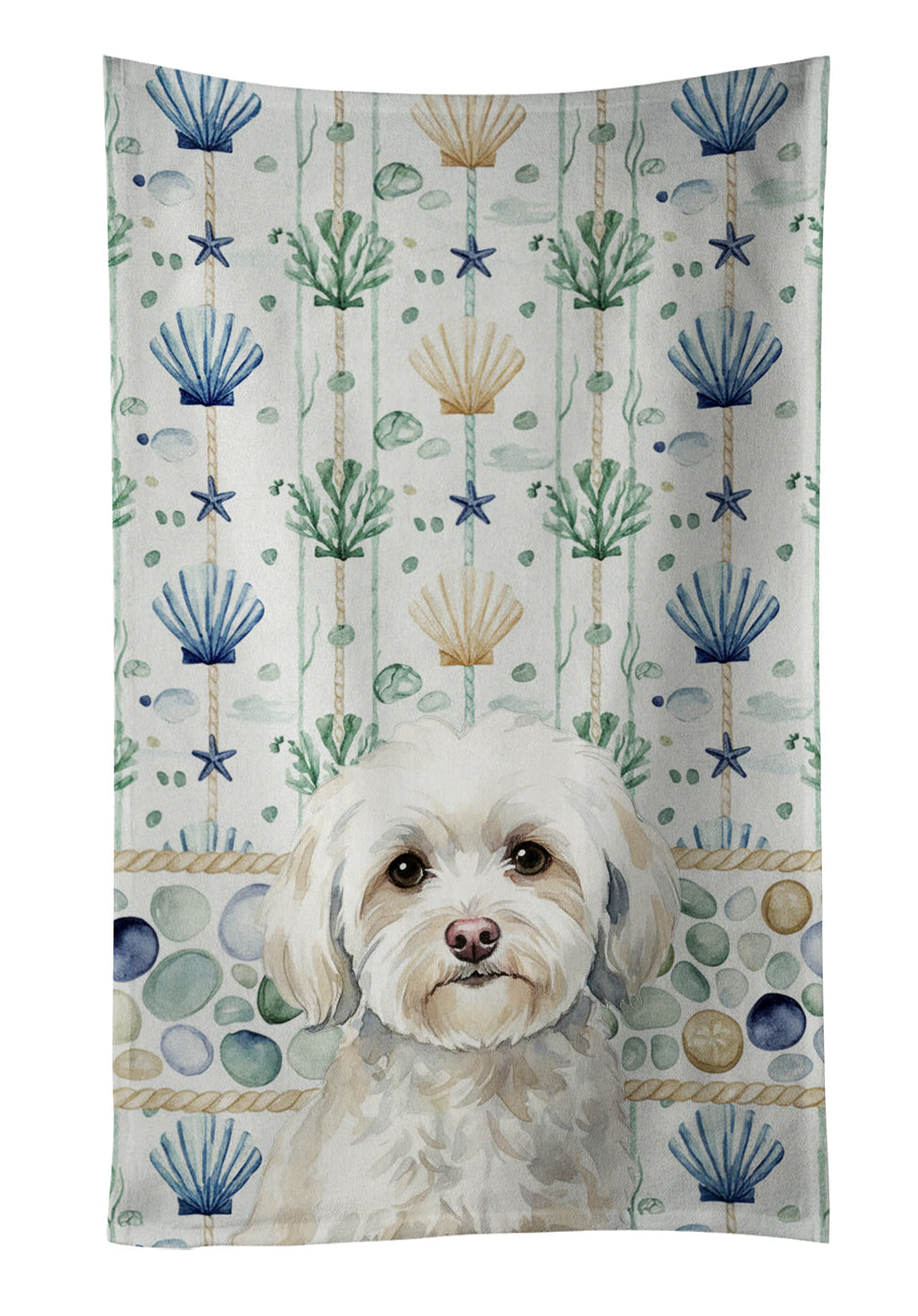 White Havanese Coastal Sea Glass Kitchen Towel Velour Plush Front and Cotton Loop Back Machine Washable