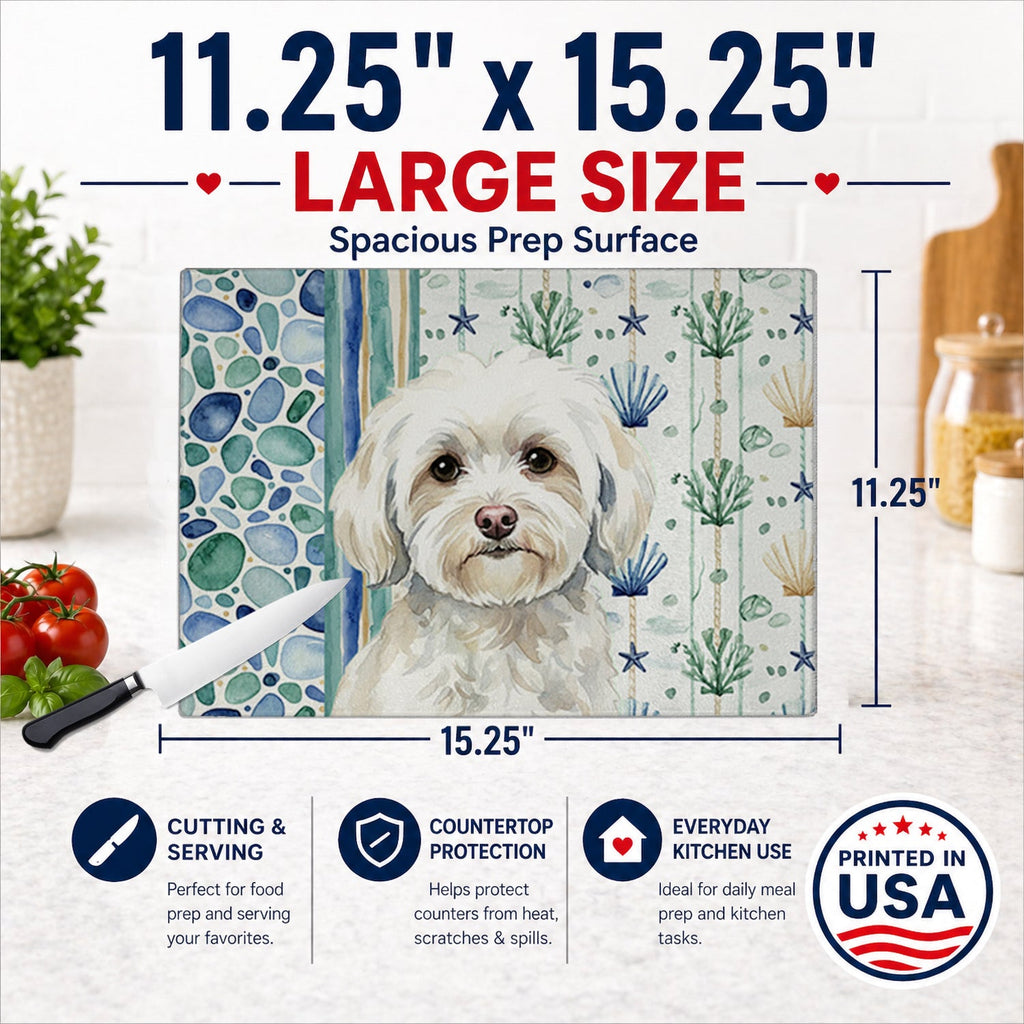 White Havanese Coastal Sea Glass Cutting Board Tempered Glass Kitchen Cutting Surface, Heat Resistant Chopping, Non-Slip Feet, Food Prep & Serving