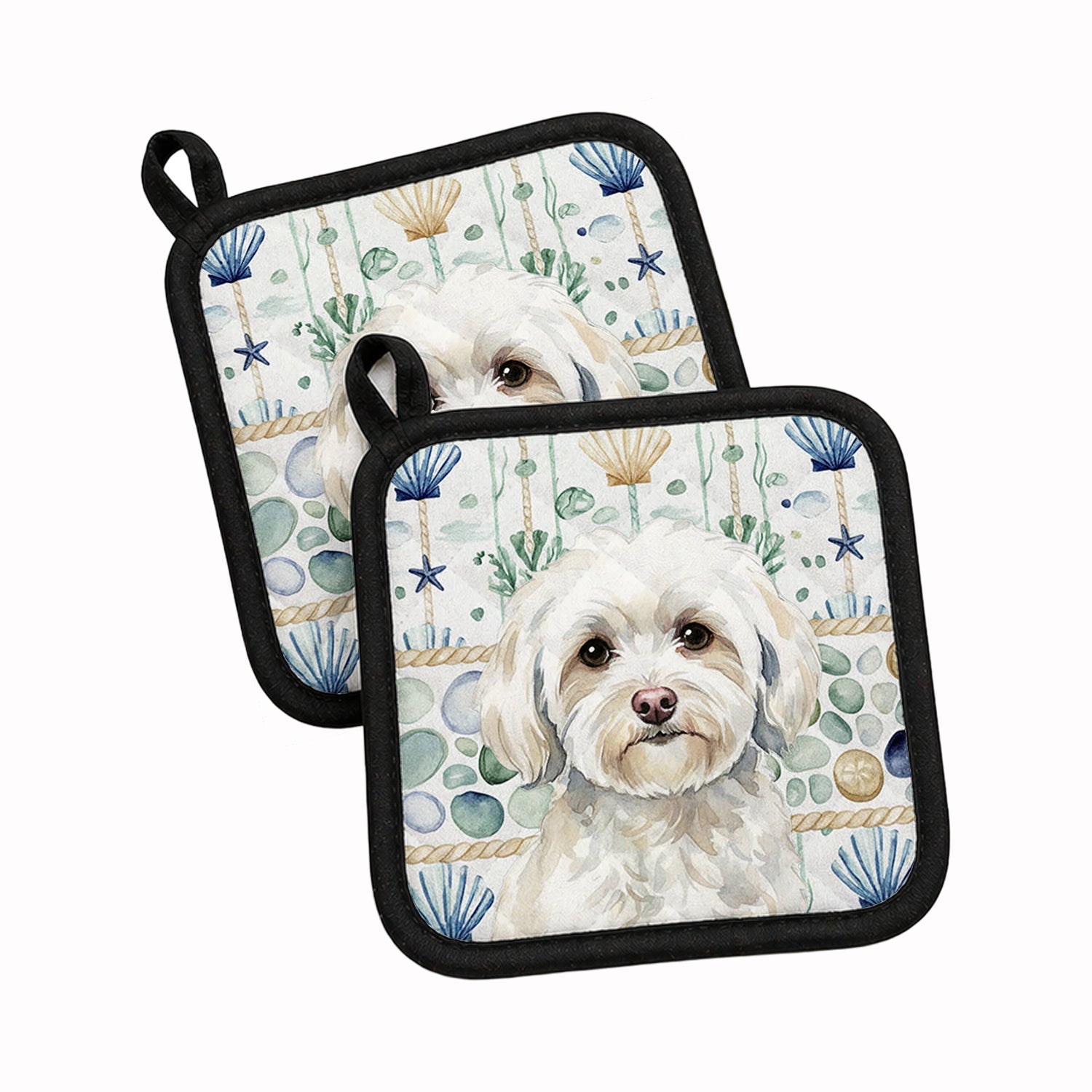 White Havanese Coastal Sea Glass Pot Holder Set of 2 Heat Resistant Quilted Hot Pads 7.5 x 7.5 Inch, Insulated Kitchen Trivets for Cooking & Baking