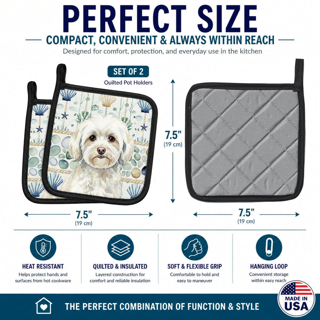 White Havanese Coastal Sea Glass Pot Holder Set of 2 Heat Resistant Quilted Hot Pads 7.5 x 7.5 Inch, Insulated Kitchen Trivets for Cooking & Baking